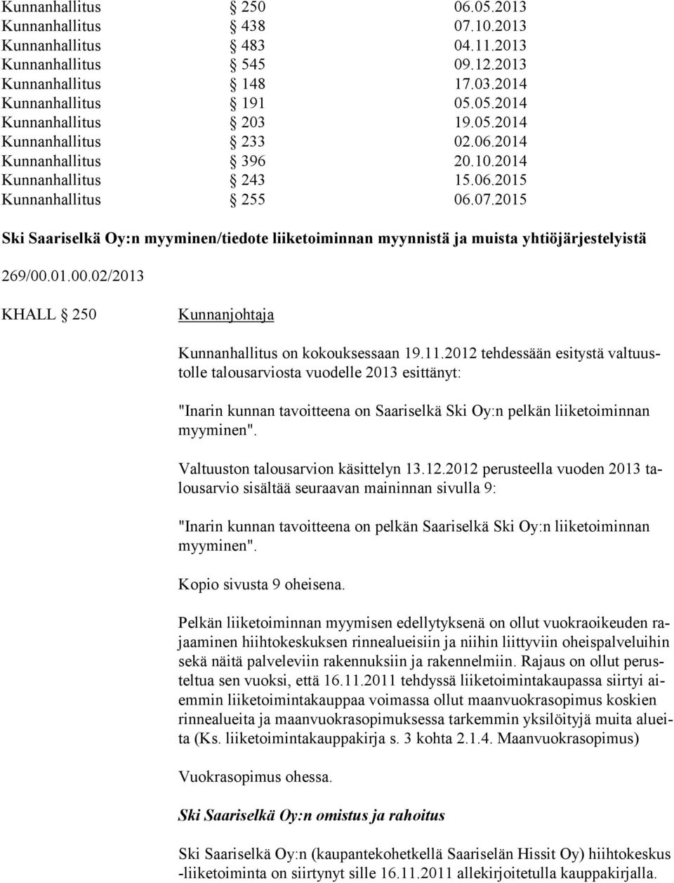 2015 Ski Saariselkä Oy:n myyminen/tiedote liiketoiminnan myynnistä ja muista yhtiöjärjestelyistä 269/00.01.00.02/2013 KHALL 250 Kunnanhallitus on kokouksessaan 19.11.