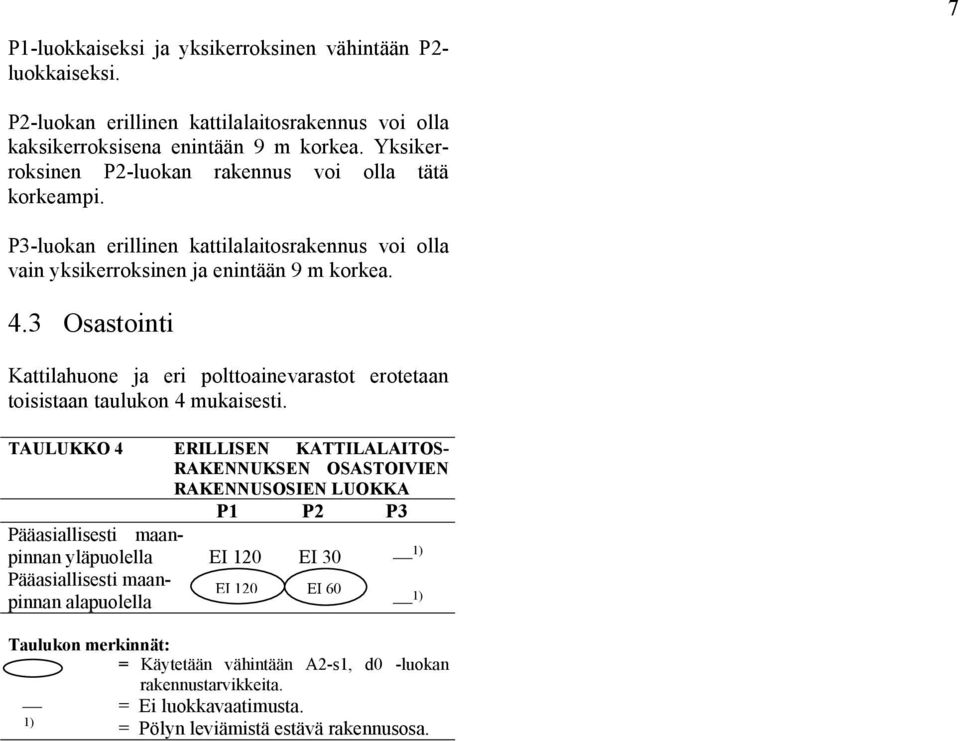 3 Osastointi Kattilahuone ja eri polttoainevarastot erotetaan toisistaan taulukon 4 mukaisesti.