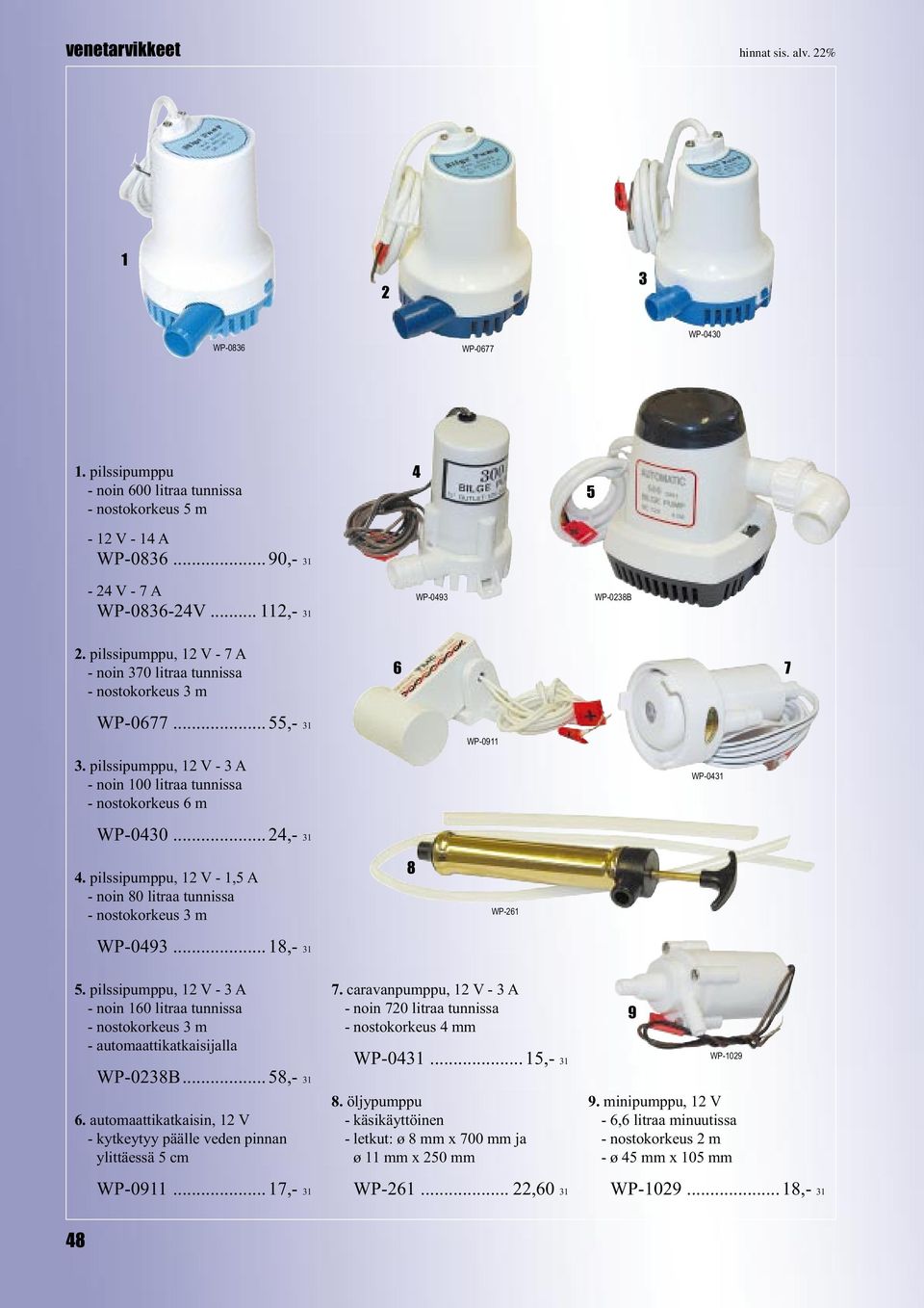 pilssipumppu, V -, A - noin 80 litraa tunnissa - nostokorkeus m WP-09...8,- 8 WP-. pilssipumppu, V - A - noin 0 litraa tunnissa - nostokorkeus m - automaattikatkaisijalla WP-08B...8,-. automaattikatkaisin, V - kytkeytyy päälle veden pinnan ylittäessä cm WP-09.