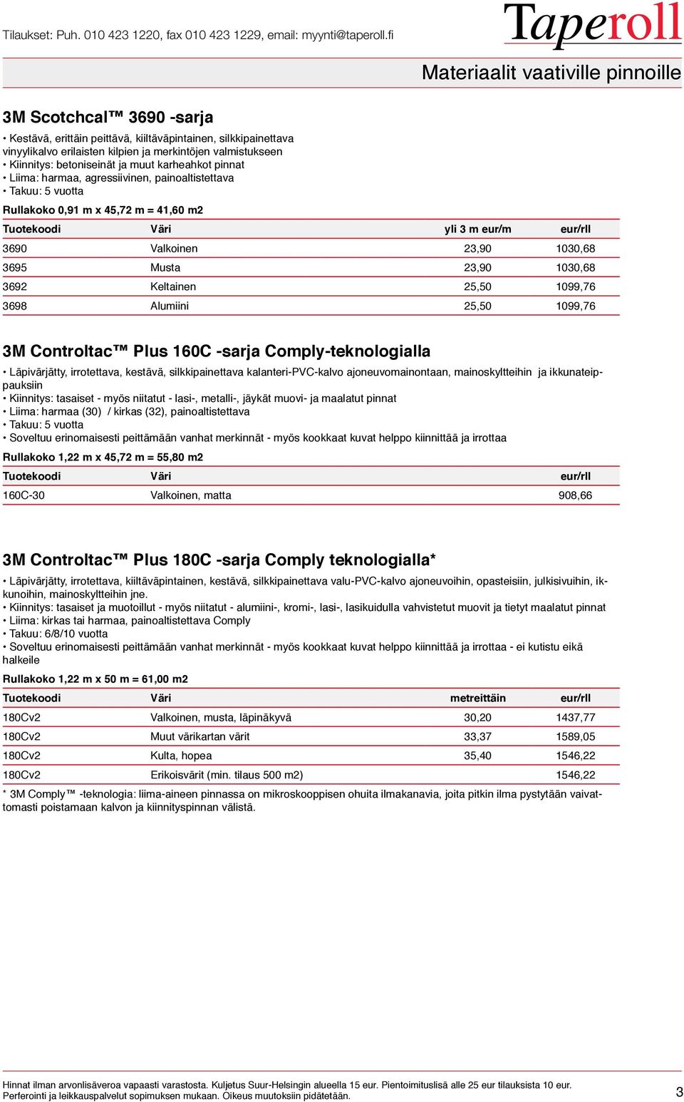 1030,68 3695 Musta 23,90 1030,68 3692 Keltainen 25,50 1099,76 3698 Alumiini 25,50 1099,76 3M Controltac Plus 160C -sarja Comply-teknologialla Läpivärjätty, irrotettava, kestävä, silkkipainettava