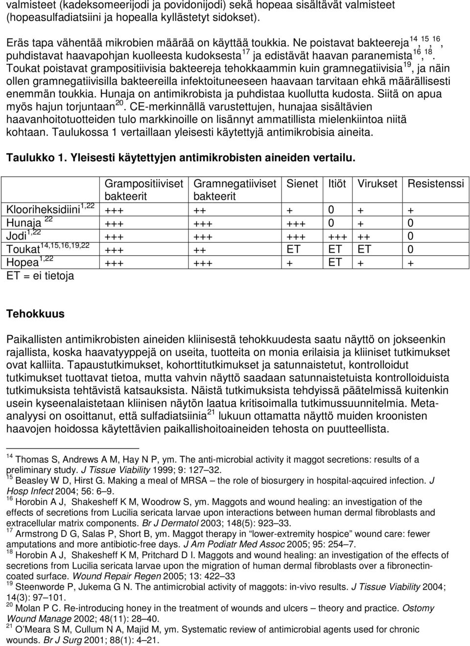 Toukat poistavat grampositiivisia bakteereja tehokkaammin kuin gramnegatiivisia 19, ja näin ollen gramnegatiivisilla bakteereilla infektoituneeseen haavaan tarvitaan ehkä määrällisesti enemmän