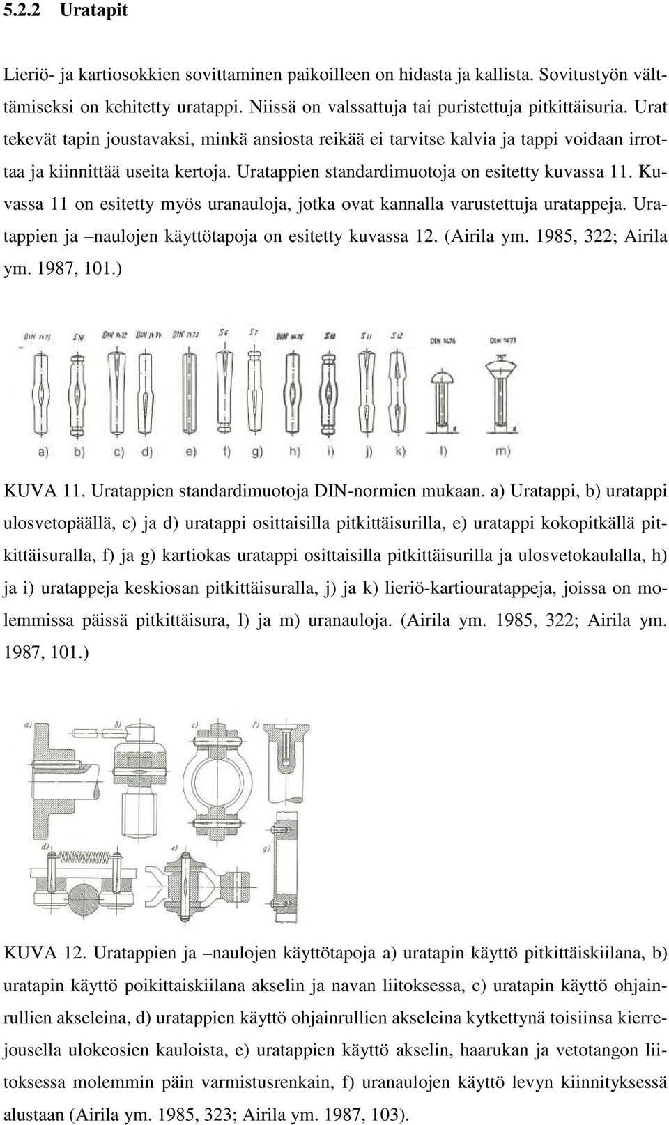 Kuvassa 11 on esitetty myös uranauloja, jotka ovat kannalla varustettuja uratappeja. Uratappien ja naulojen käyttötapoja on esitetty kuvassa 12. (Airila ym. 1985, 322; Airila ym. 1987, 101.) KUVA 11.