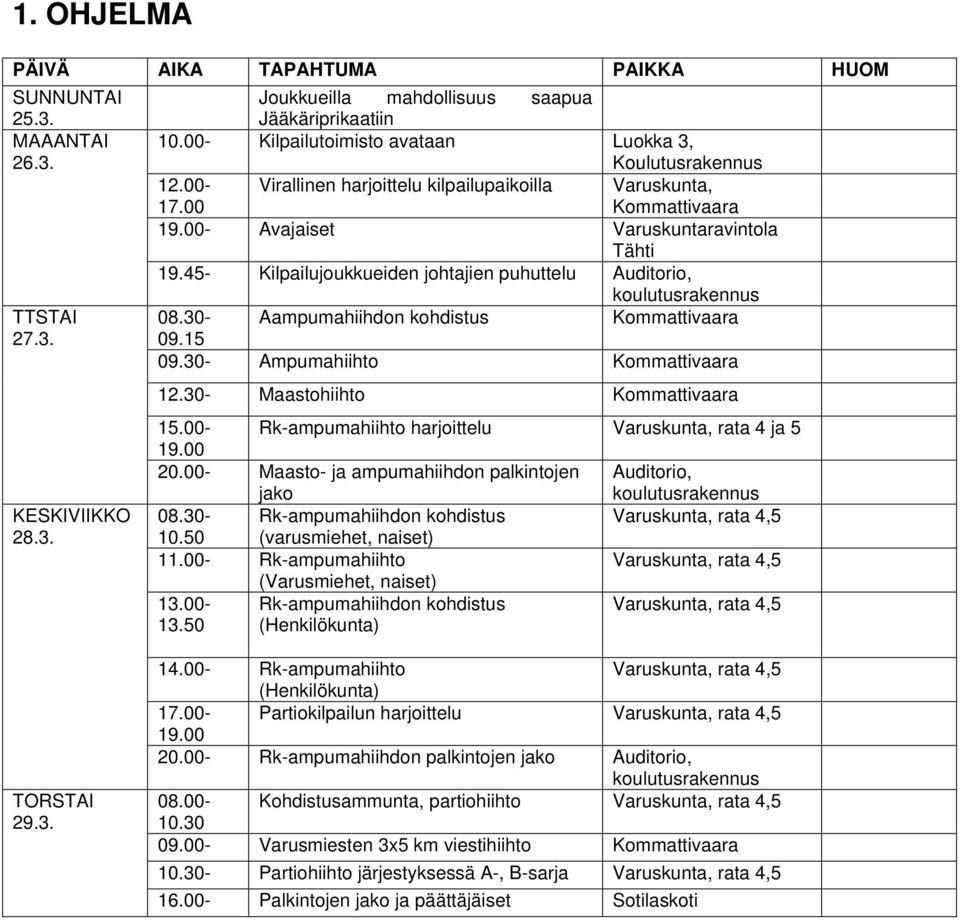 30- Aampumahiihdon kohdistus Kommattivaara 09.15 09.30- Ampumahiihto Kommattivaara 12.30- Maastohiihto Kommattivaara 15.00-19.00 Rk-ampumahiihto harjoittelu Varuskunta, rata 4 ja 5 20.