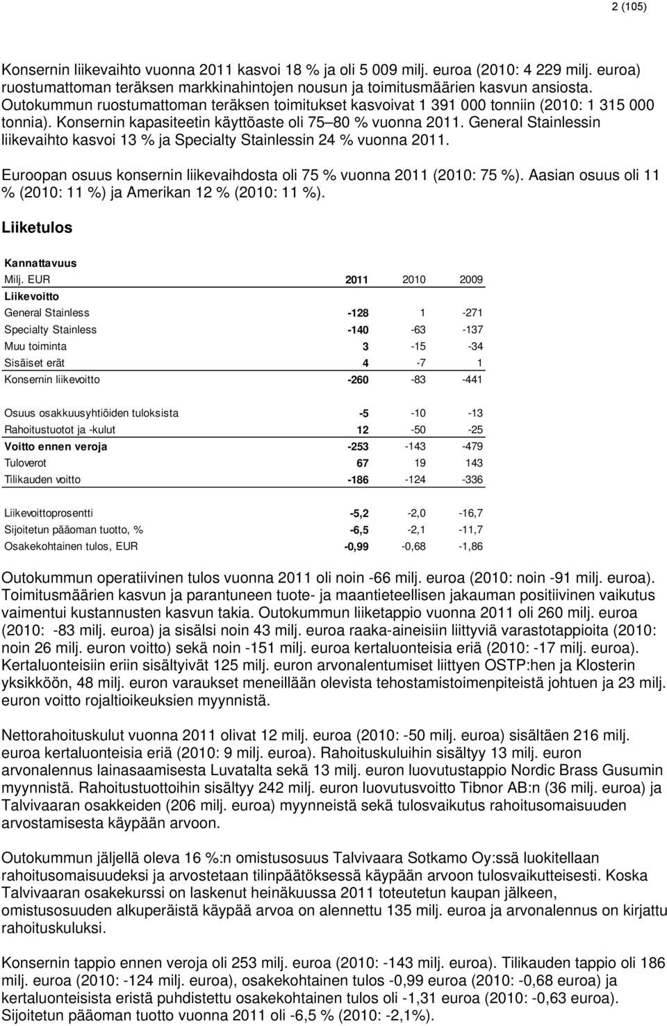 General Stainlessin liikevaihto kasvoi 13 % ja Specialty Stainlessin 24 % vuonna 2011. Euroopan osuus konsernin liikevaihdosta oli 75 % vuonna 2011 (2010: 75 %).