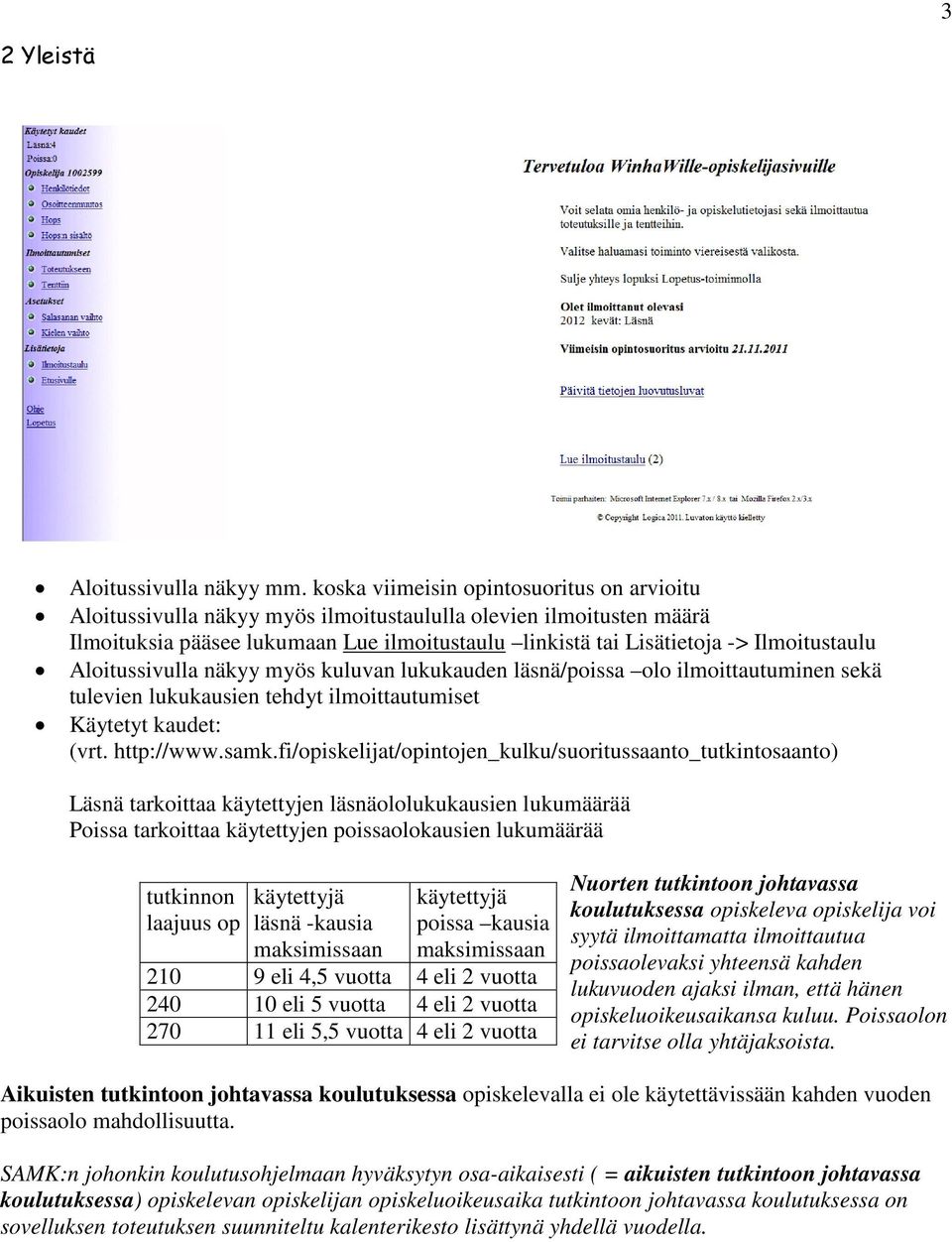 Aloitussivulla näkyy myös kuluvan lukukauden läsnä/poissa olo ilmoittautuminen sekä tulevien lukukausien tehdyt ilmoittautumiset Käytetyt kaudet: (vrt. http://www.samk.