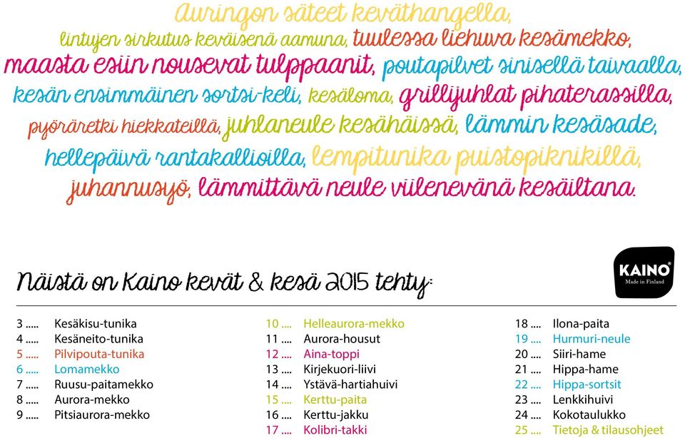 viilenevänä kesäiltana. Näistä on Kaino tehty: 3... Kesäkisu-tunika 4... Kesäneito-tunika 5... Pilvipouta-tunika 6... Lomamekko 7... Ruusu-paitamekko 8... Aurora-mekko 9... Pitsiaurora-mekko 10.