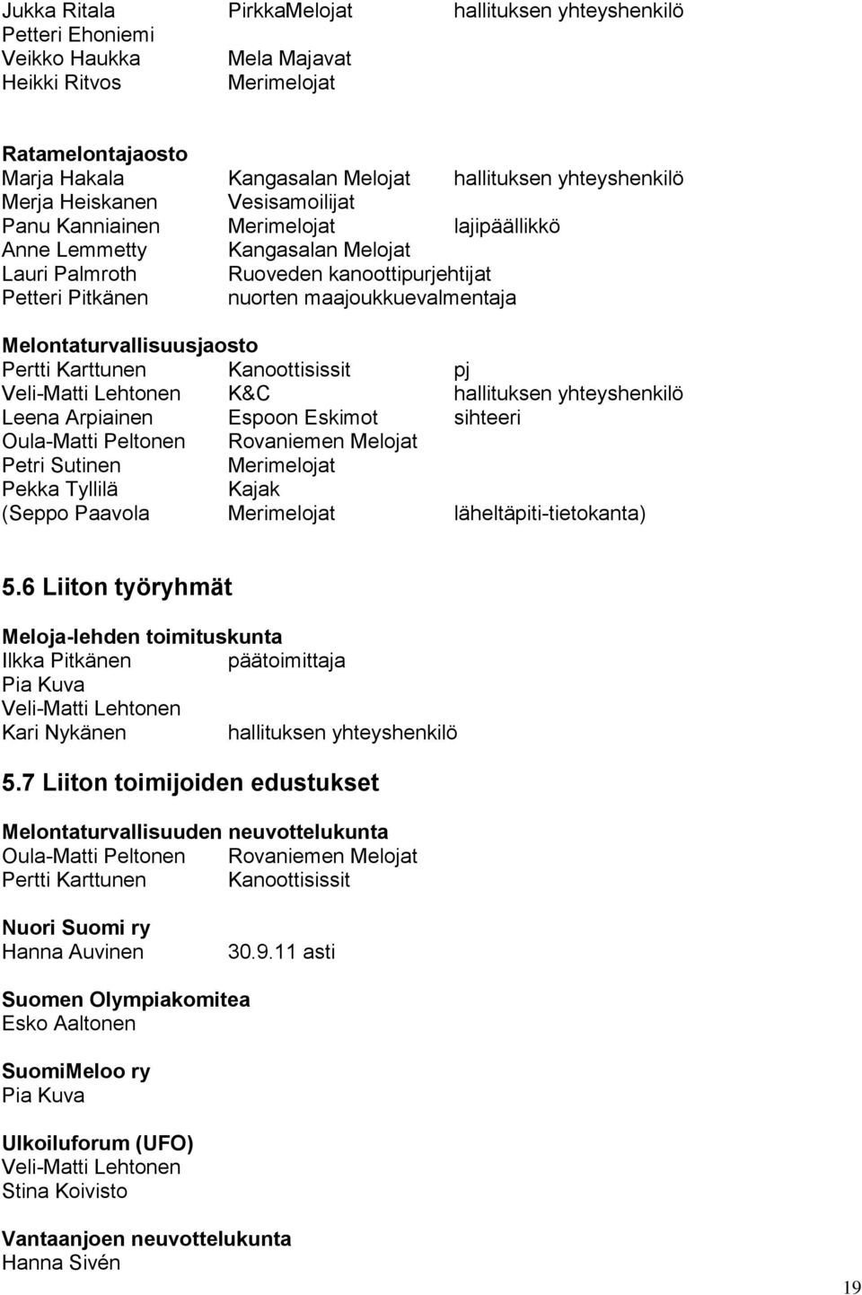 Melontaturvallisuusjaosto Pertti Karttunen Kanoottisissit pj Veli-Matti Lehtonen K&C hallituksen yhteyshenkilö Leena Arpiainen Espoon Eskimot sihteeri Oula-Matti Peltonen Rovaniemen Melojat Petri