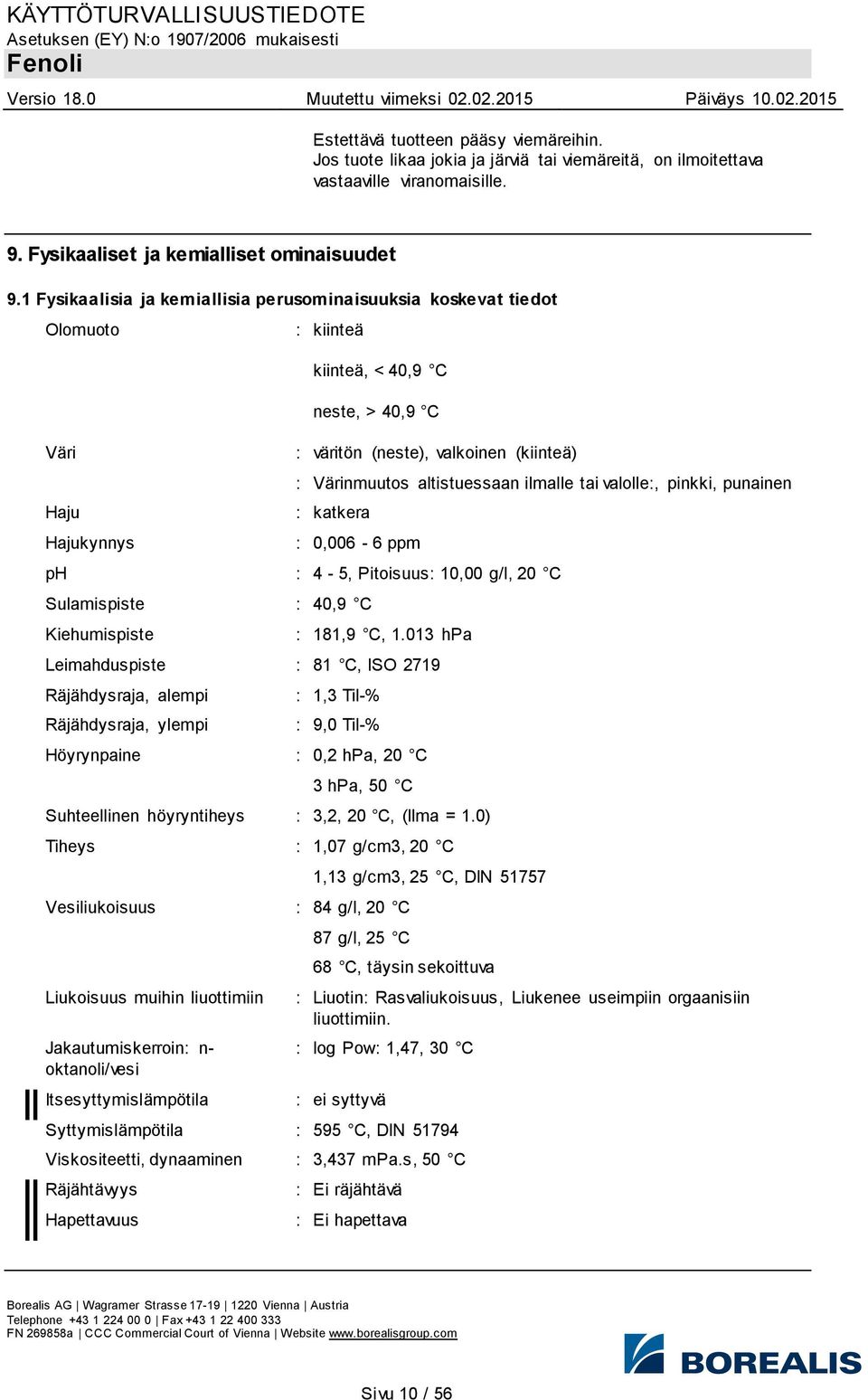 altistuessaan ilmalle tai valolle:, pinkki, punainen : katkera : 0,006-6 ppm ph : 4-5, Pitoisuus: 10,00 g/l, 20 C Sulamispiste : 40,9 C Kiehumispiste : 181,9 C, 1.