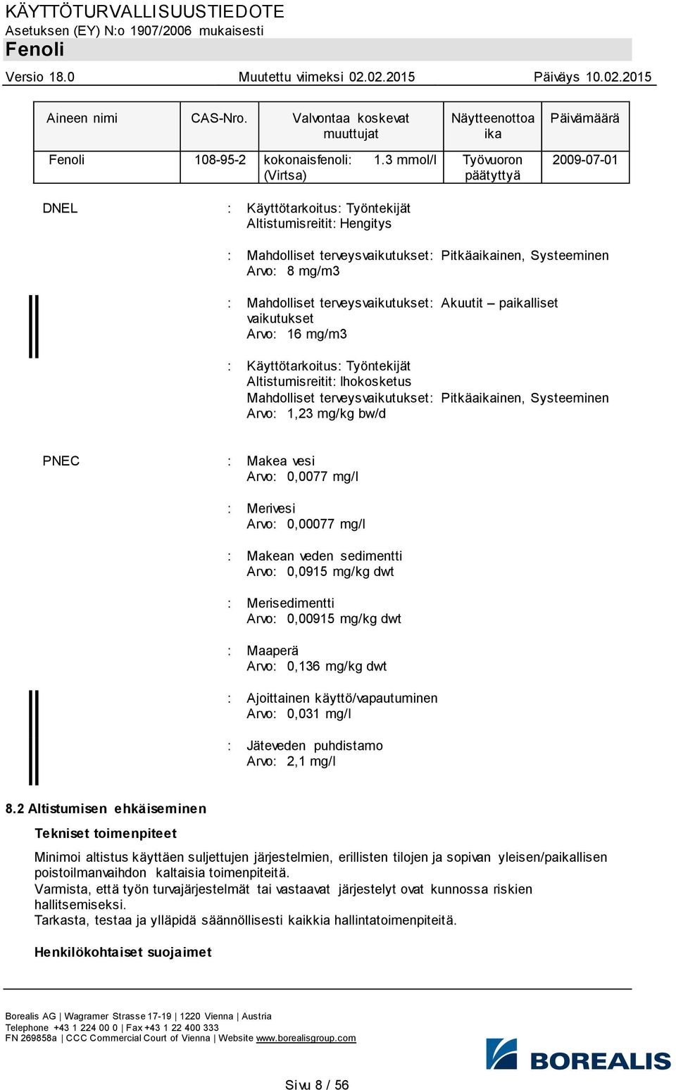 Systeeminen Arvo: 8 mg/m3 : Mahdolliset terveysvaikutukset: Akuutit paikalliset vaikutukset Arvo: 16 mg/m3 : Käyttötarkoitus: Työntekijät Altistumisreitit: Ihokosketus Mahdolliset terveysvaikutukset: