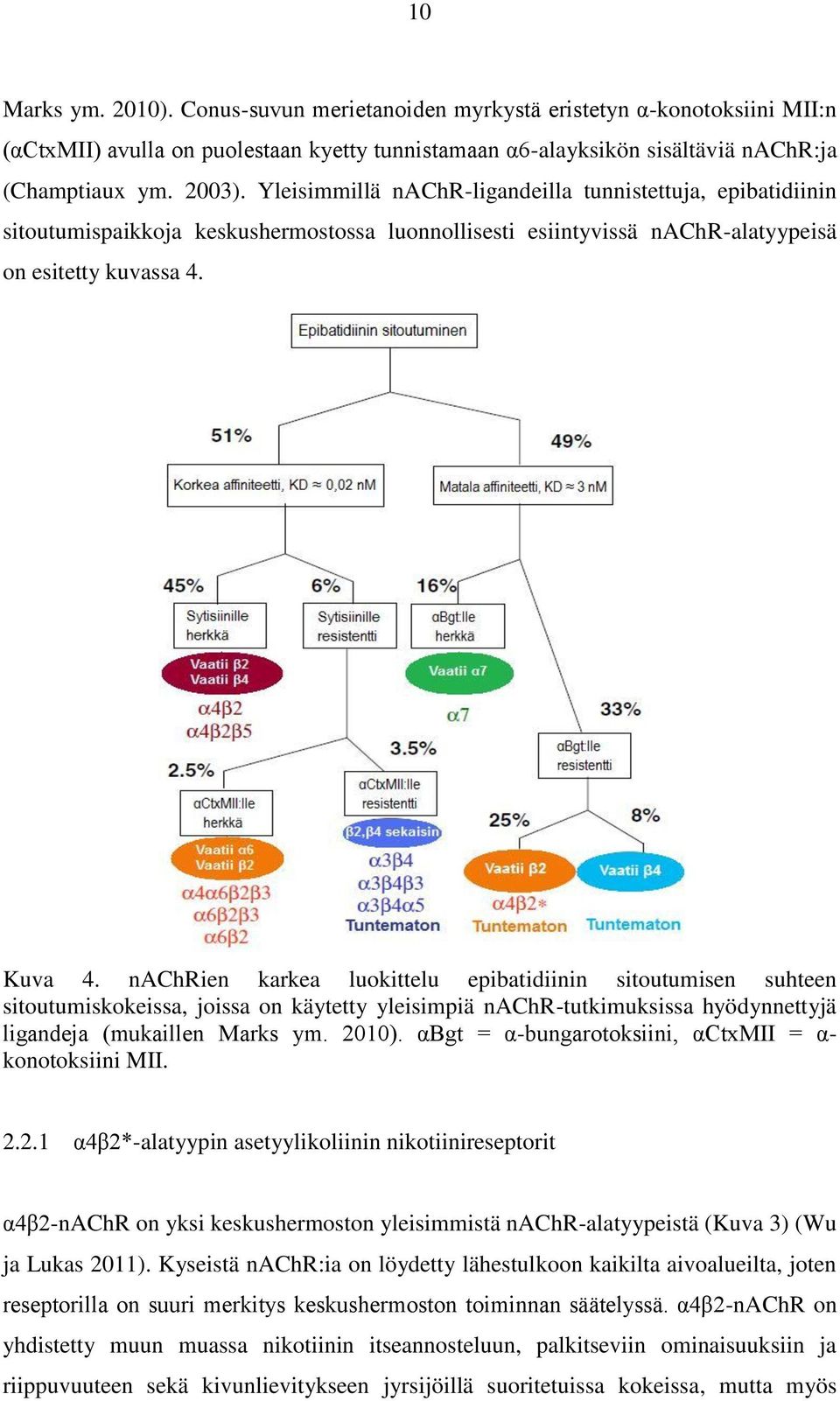 nachrien karkea luokittelu epibatidiinin sitoutumisen suhteen sitoutumiskokeissa, joissa on käytetty yleisimpiä nachr-tutkimuksissa hyödynnettyjä ligandeja (mukaillen Marks ym. 2010).