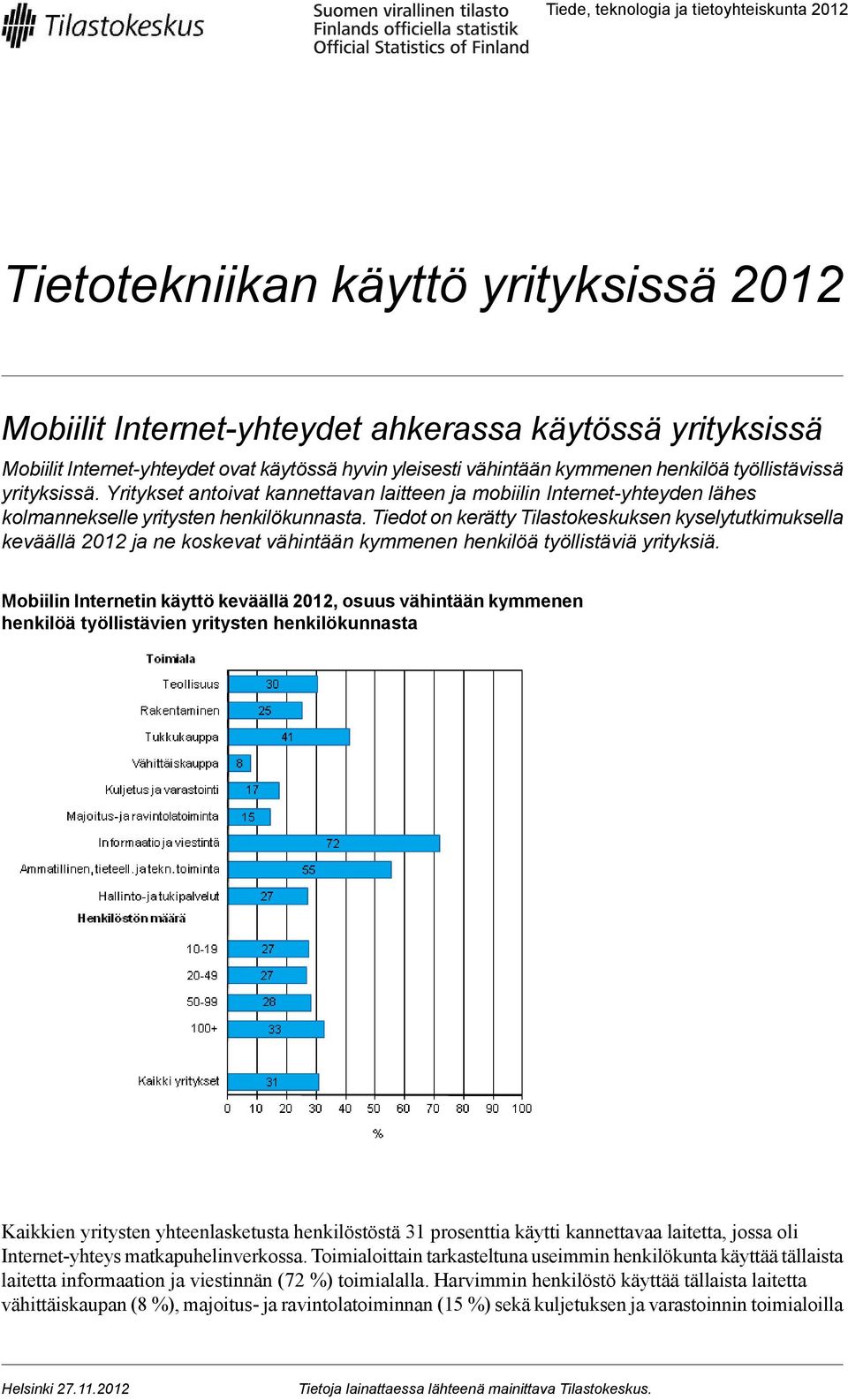 Tiedot on kerätty Tilastokeskuksen kyselytutkimuksella keväällä 2012 ja ne koskevat vähintään kymmenen henkilöä työllistäviä yrityksiä.