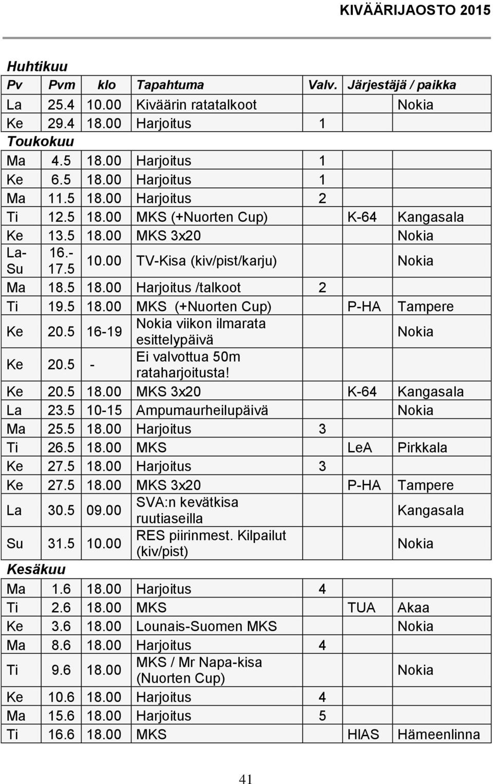 5 - Ei valvottua 50m rataharjoitusta! Ke 20.5 18.00 MKS 3x20 K-64 Kangasala La 23.5 10-15 Ampumaurheilupäivä Ma 25.5 18.00 Harjoitus 3 Ti 26.5 18.00 MKS LeA Pirkkala Ke 27.5 18.00 Harjoitus 3 Ke 27.