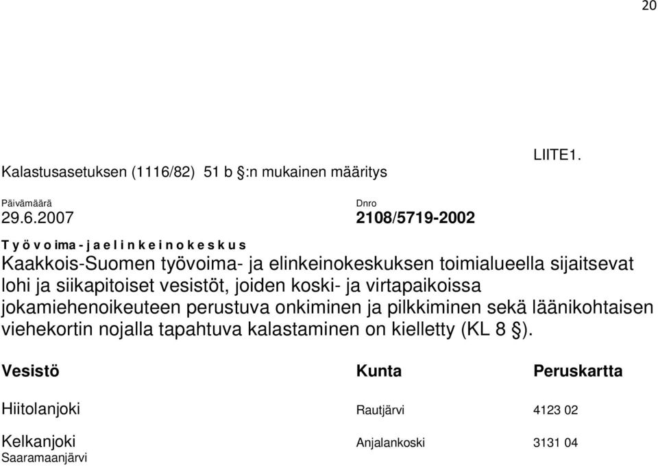 2007 2108/5719-2002 T y ö v o ima - j a e l i n k e i n o k e s k u s Kaakkois-Suomen työvoima- ja elinkeinokeskuksen toimialueella sijaitsevat lohi ja siikapitoiset vesistöt, joiden koski- ja