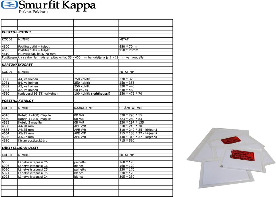 KARTONKIKUORET 3080 A4, valkoinen 250 kpl/ltk 230 * 325 3081 B4, valkoinen 250 kpl/ltk 250 * 353 3082 A3, valkoinen 250 kpl/ltk 320 * 440 3084 A2, valkoinen 50 kpl/ltk 640 * 460 4530 tuplapussi 99