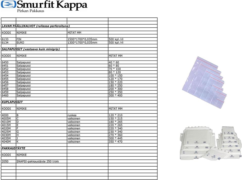 200 * 300 6459 Salpapussi 250 * 350 6460 Salpapussi 300 * 400 KUPLAPUSSIT 4000 B ruskea 120 * 210 4005M C valkoinen 150 * 215 4010M D valkoinen 180 * 265 4015M E valkoinen 220 * 265 4020M F