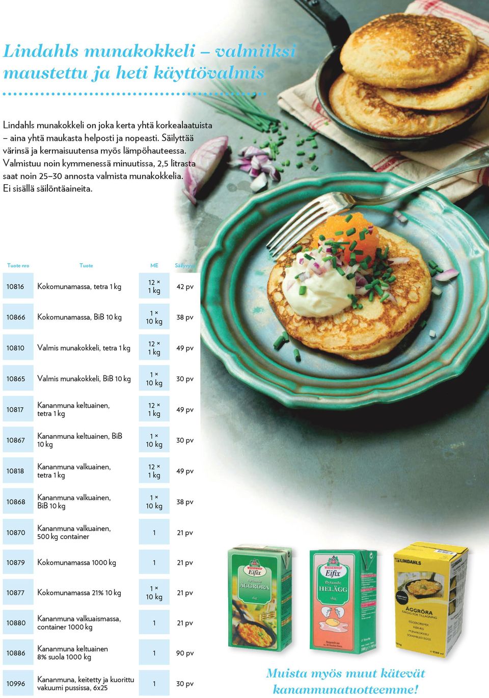Tuote nro Tuote ME Säilyvyys 10816 Kokomunamassa, tetra 1 kg 10866 Kokomunamassa, BiB 10810 Valmis munakokkeli, tetra 1 kg 10865 Valmis munakokkeli, BiB 12 1 kg 12 1 kg 42 pv 38 pv 49 pv 30 pv 10817
