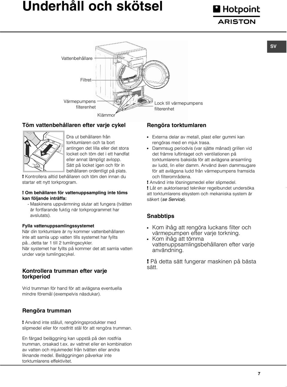 ! Kontrollera alltid behållaren och töm den innan du startar ett nytt torkprogram.