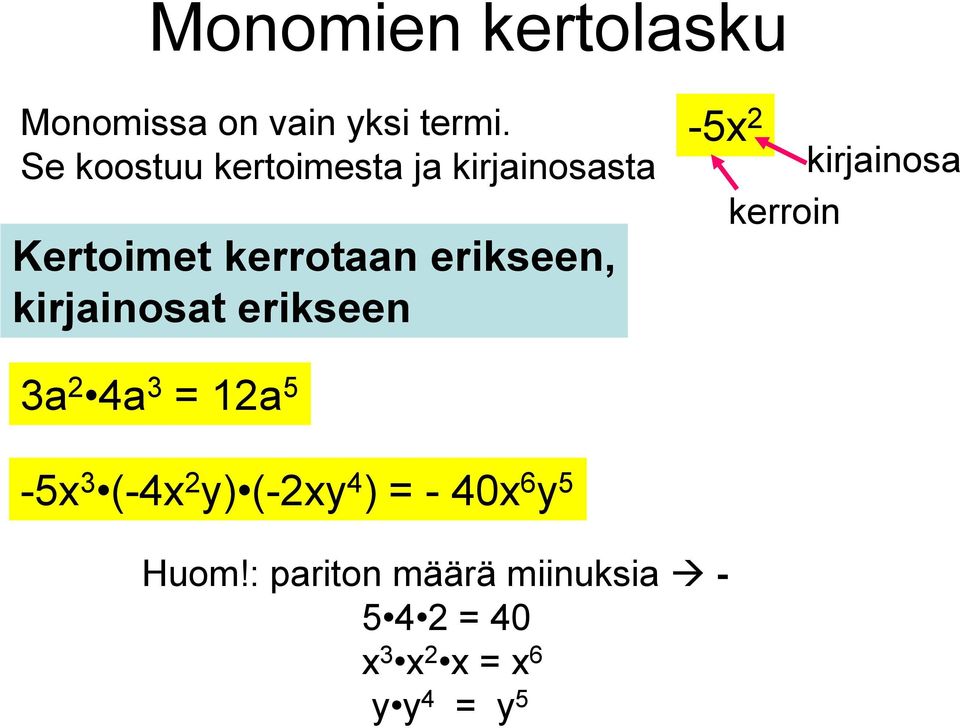 kirjainosat erikseen -5x 2 kirjainosa kerroin 3a 2 4a 3 = 12a 5-5x 3 (-4x