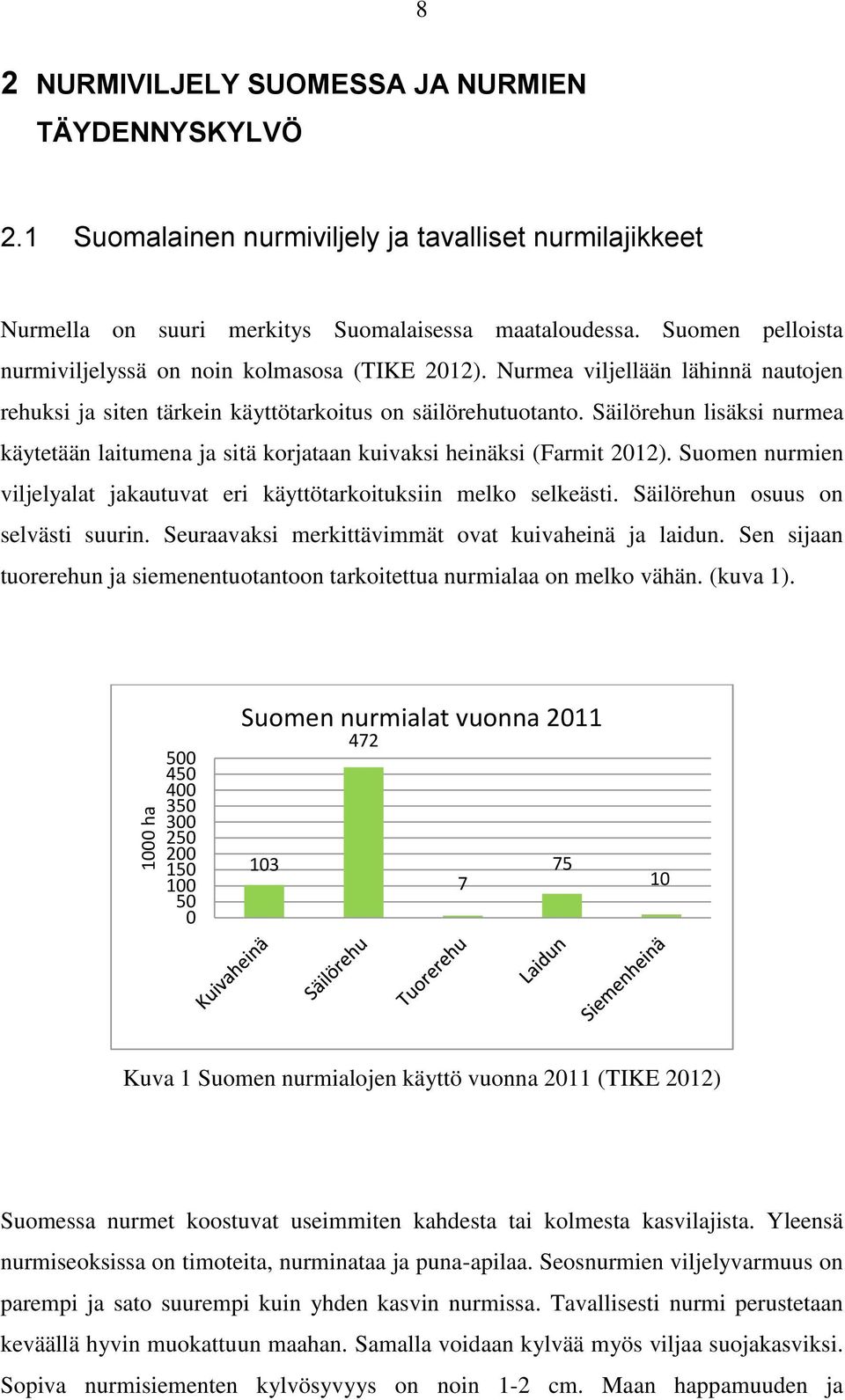 Säilörehun lisäksi nurmea käytetään laitumena ja sitä korjataan kuivaksi heinäksi (Farmit 2012). Suomen nurmien viljelyalat jakautuvat eri käyttötarkoituksiin melko selkeästi.