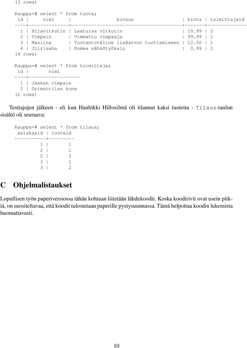 99 2 (4 rows) Kauppa=# select * from toimittaja; id nimi ----+------------------ 1 Jaskan vimpain 2 Orimattilan kone (2 rows) Testiajojen jälkeen - eli kun Hanhikki Hillosilmä oli tilannut kaksi