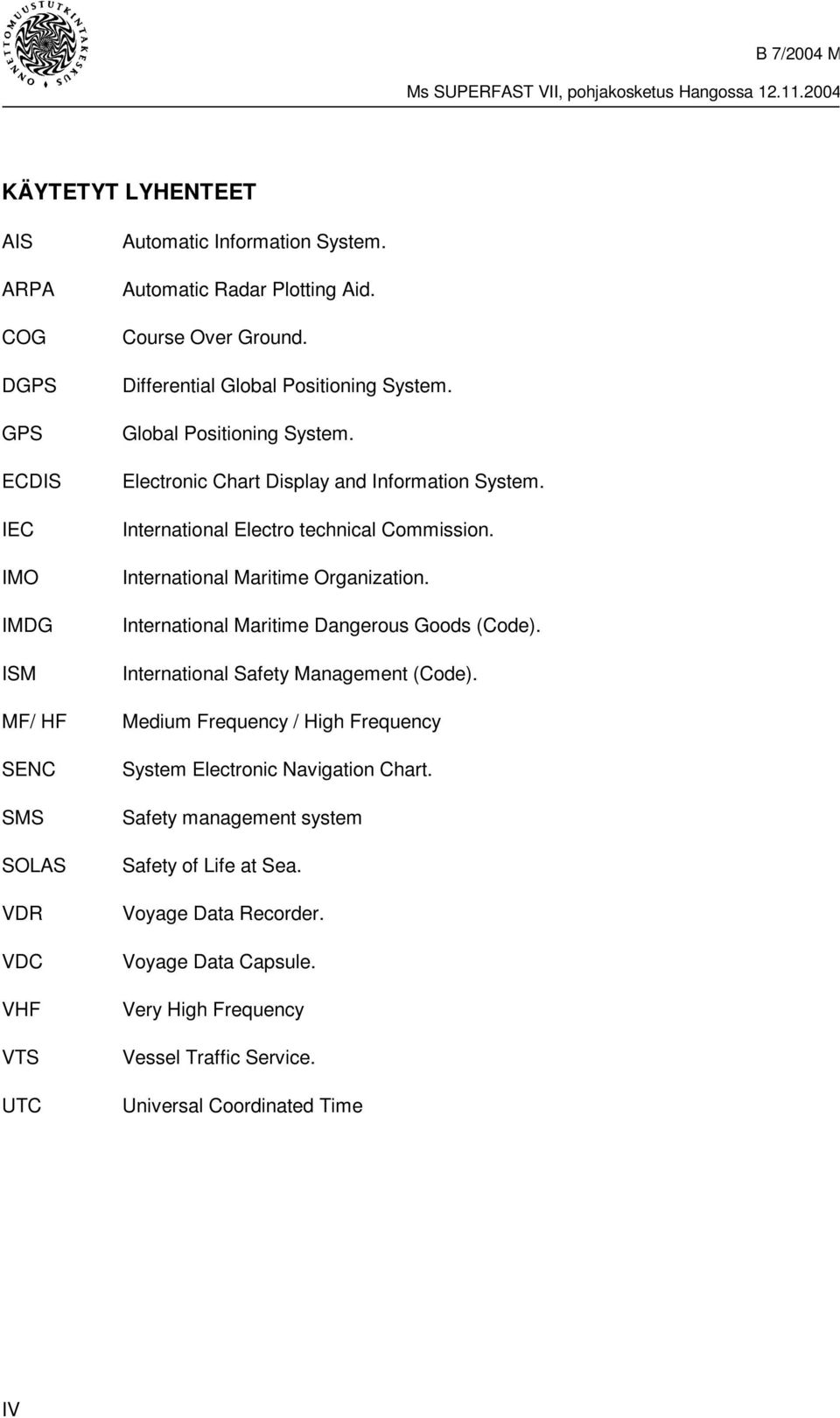 International Electro technical Commission. International Maritime Organization. International Maritime Dangerous Goods (Code). International Safety Management (Code).