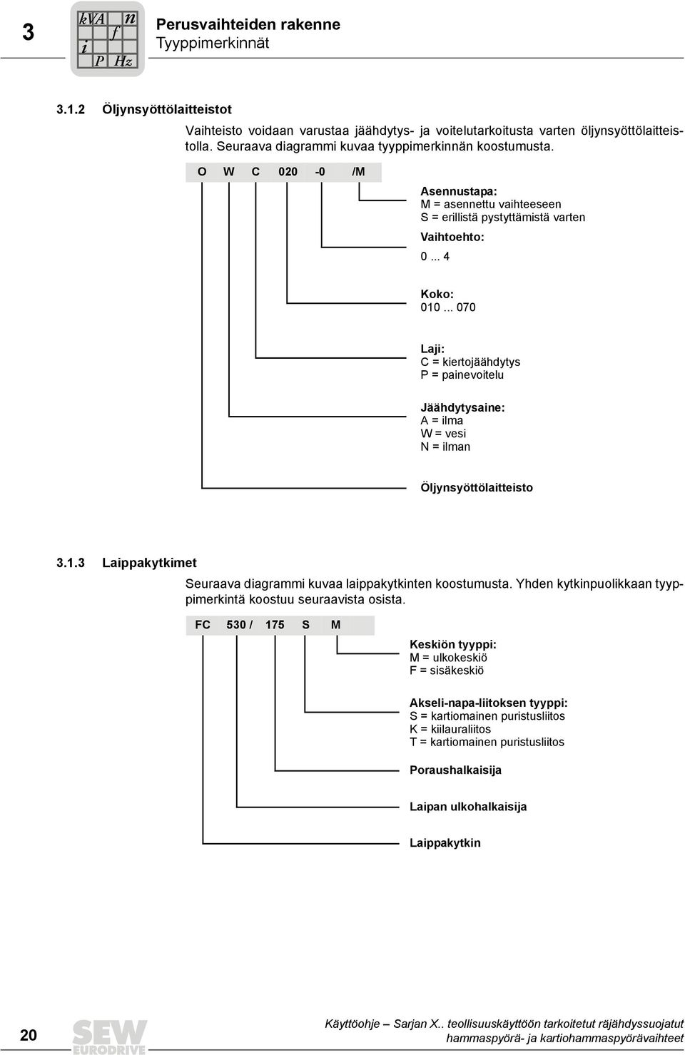 .. 070 Laji: C = kiertojäähdytys P = painevoitelu Jäähdytysaine: A = ilma W = vesi N = ilman Öljynsyöttölaitteisto 3.1.3 Laippakytkimet Seuraava diagrammi kuvaa laippakytkinten koostumusta.