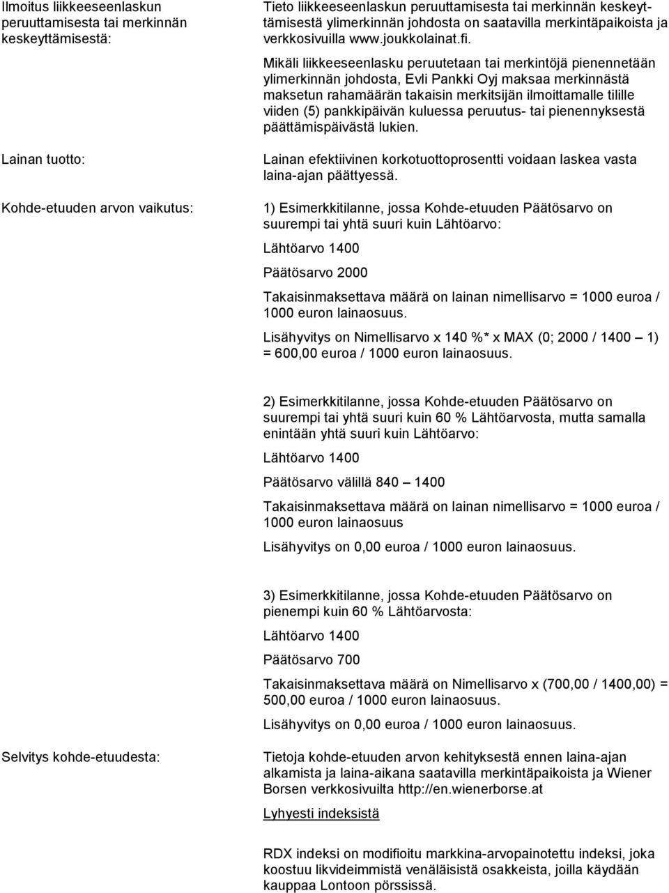 Mikäli liikkeeseenlasku peruutetaan tai merkintöjä pienennetään ylimerkinnän johdosta, Evli Pankki Oyj maksaa merkinnästä maksetun rahamäärän takaisin merkitsijän ilmoittamalle tilille viiden (5)