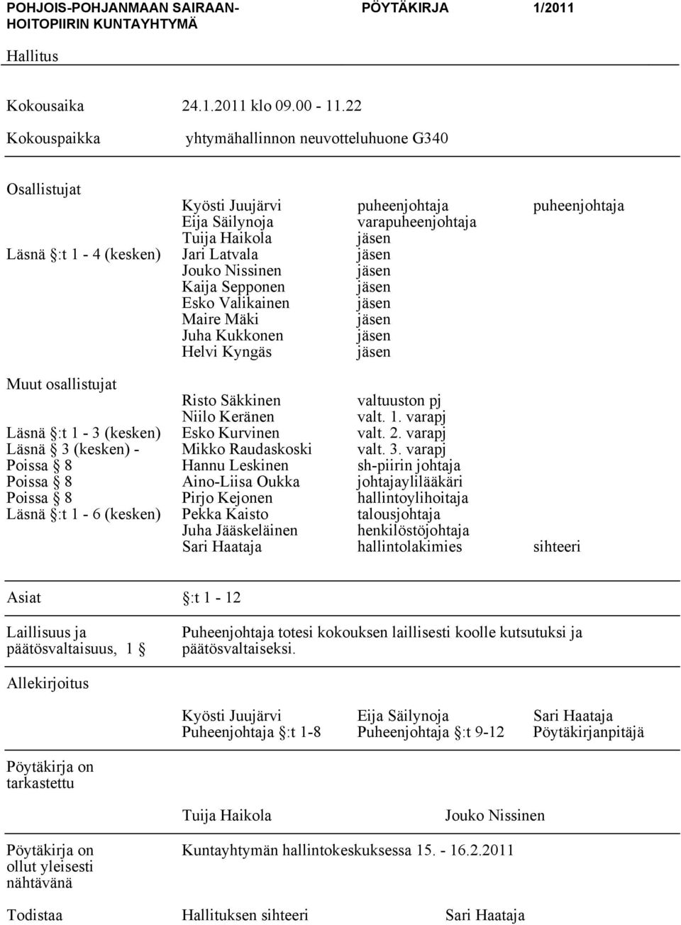 jäsen Jouko Nissinen jäsen Kaija Sepponen jäsen Esko Valikainen jäsen Maire Mäki jäsen Juha Kukkonen jäsen Helvi Kyngäs jäsen Muut osallistujat Risto Säkkinen valtuuston pj Niilo Keränen valt. 1.