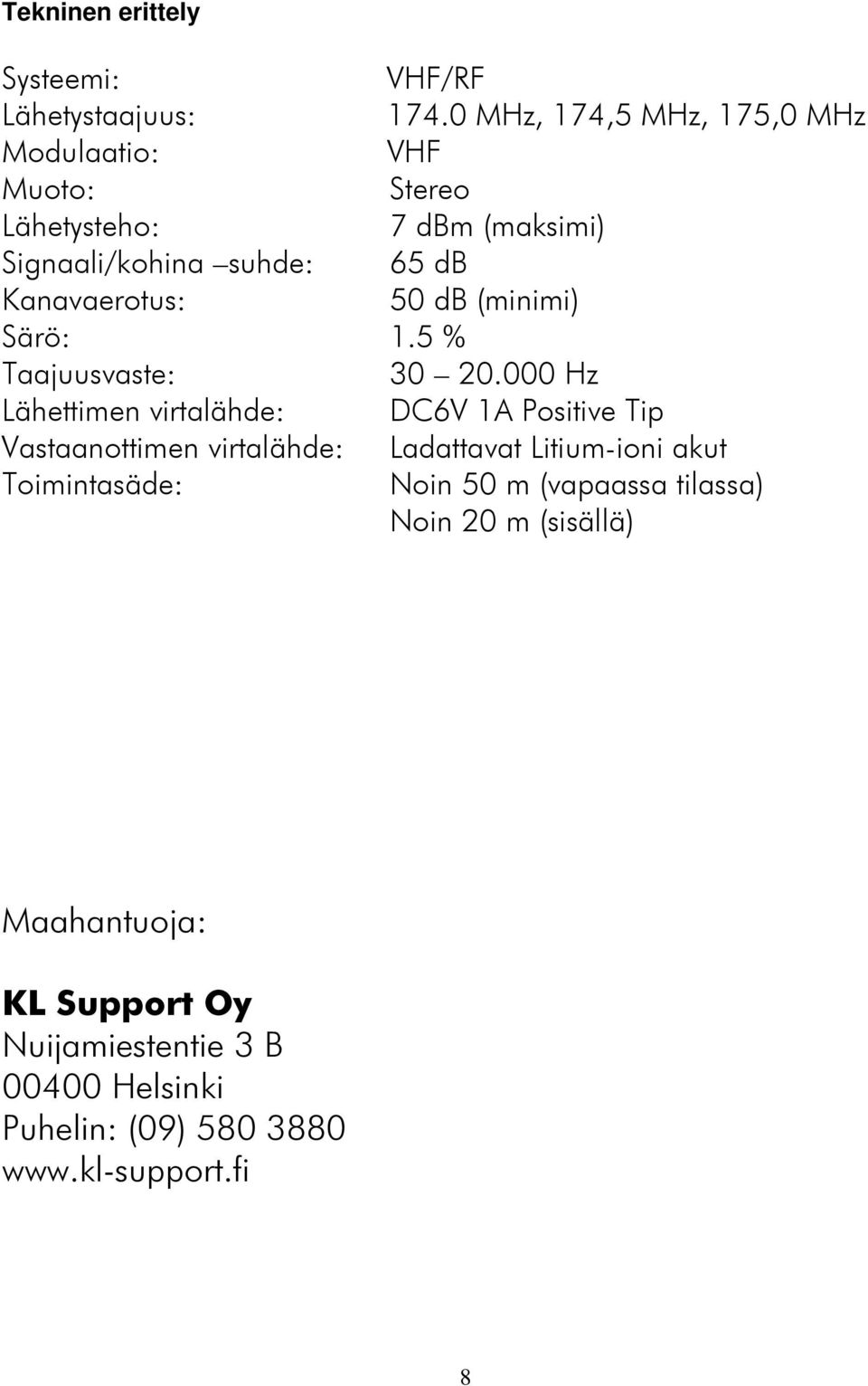 Kanavaerotus: 50 db (minimi) Särö: 1.5 % Taajuusvaste: 30 20.