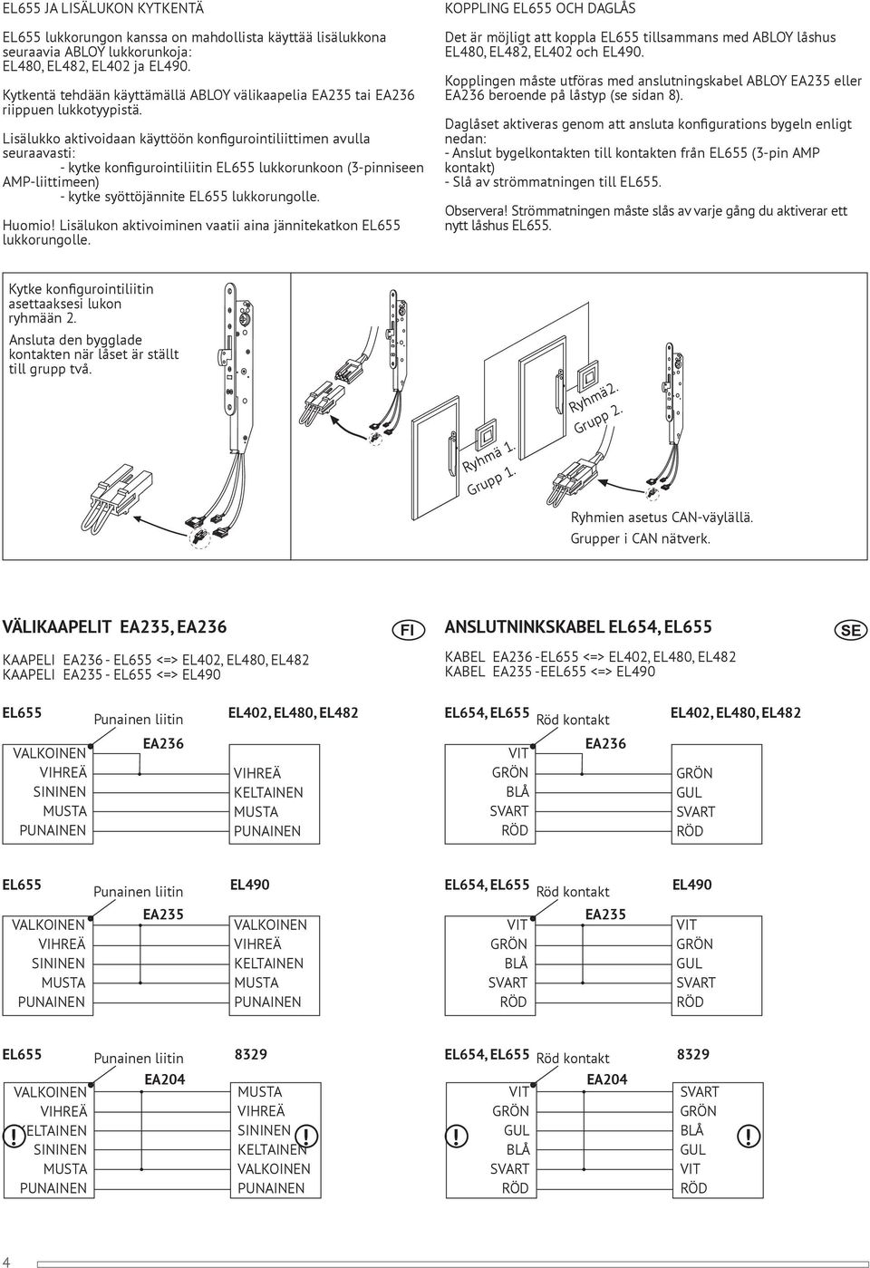 Lisälukko aktivoidaan käyttöön konfigurointiliittimen avulla seuraavasti: - kytke konfigurointiliitin EL lukkorunkoon (-pinniseen AMP-liittimeen) - kytke syöttöjännite EL lukkorungolle. Huomio!
