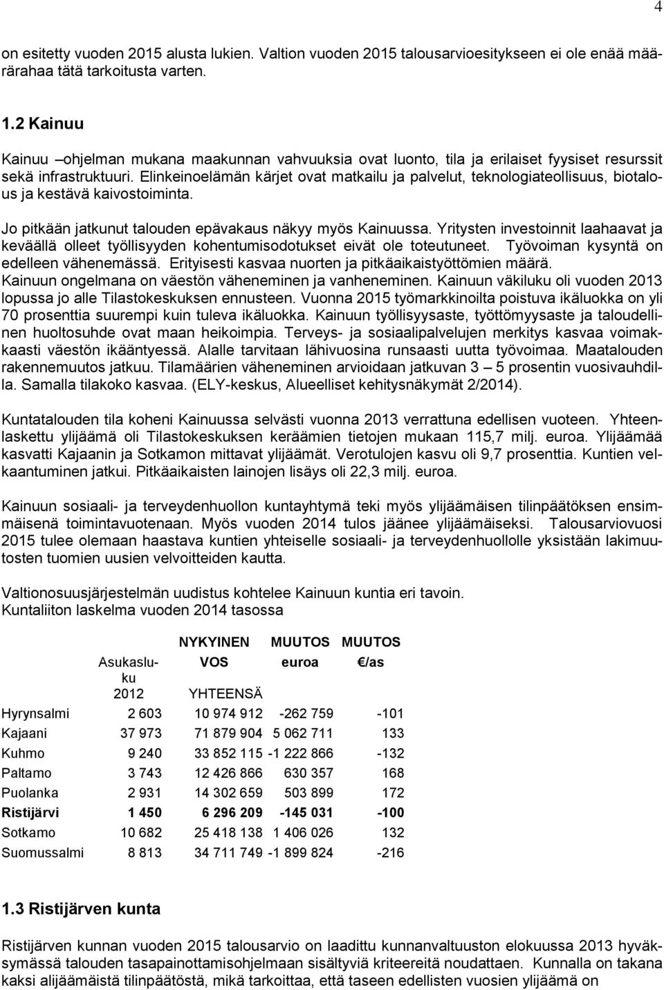 Elinkeinoelämän kärje ova makailu ja palvelu, eknologiaeollisuus, bioalous ja kesävä kaivosoimina. Jo pikään jakunu alouden epävakaus näkyy myös Kainuussa.