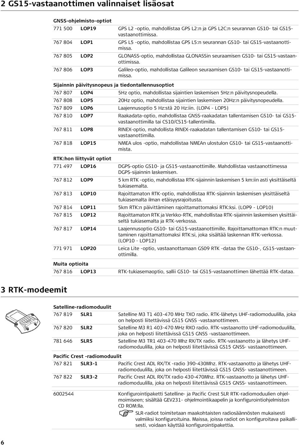 767 806 LOP3 Galileo-optio, mahdollistaa Galileon seuraamisen GS10- tai GS15-vastaanottimissa.