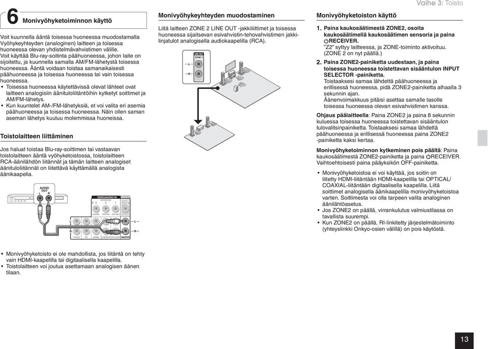 Ääntä voidaan toistaa samanaikaisesti päähuoneessa ja toisessa huoneessa tai vain toisessa huoneessa.