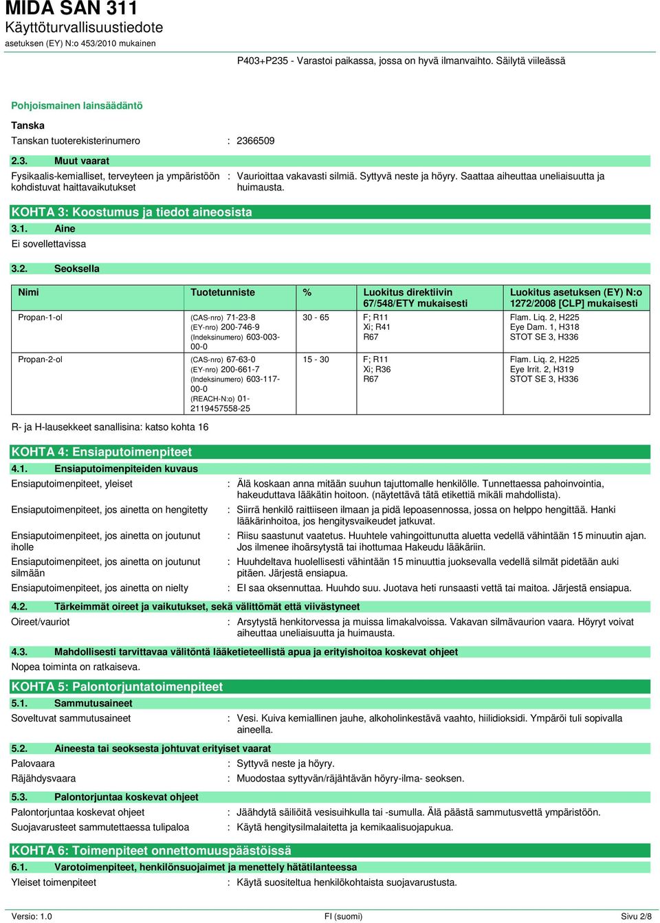 Seoksella Nimi Tuotetunniste % Luokitus direktiivin 67/548/ETY mukaisesti Propan-1-ol (CAS-nro) 71-23-8 (EY-nro) 200-746-9 (Indeksinumero) 603-003- 00-0 Propan-2-ol (CAS-nro) 67-63-0 (EY-nro)
