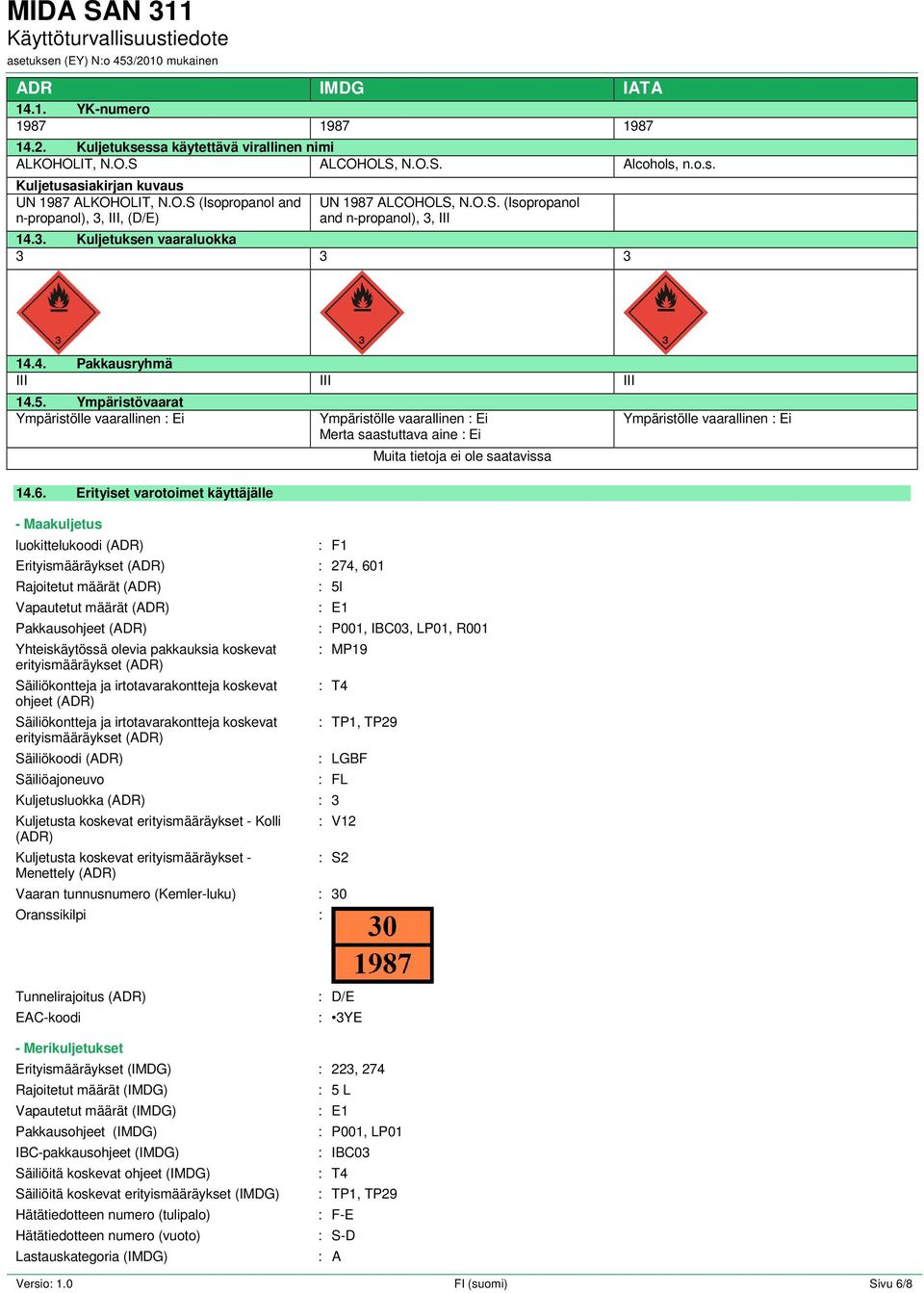 Erityiset varotoimet käyttäjälle - Maakuljetus luokittelukoodi (ADR) Ympäristölle vaarallinen : Ei Merta saastuttava aine : Ei : F1 Erityismääräykset (ADR) : 274, 601 Rajoitetut määrät (ADR)
