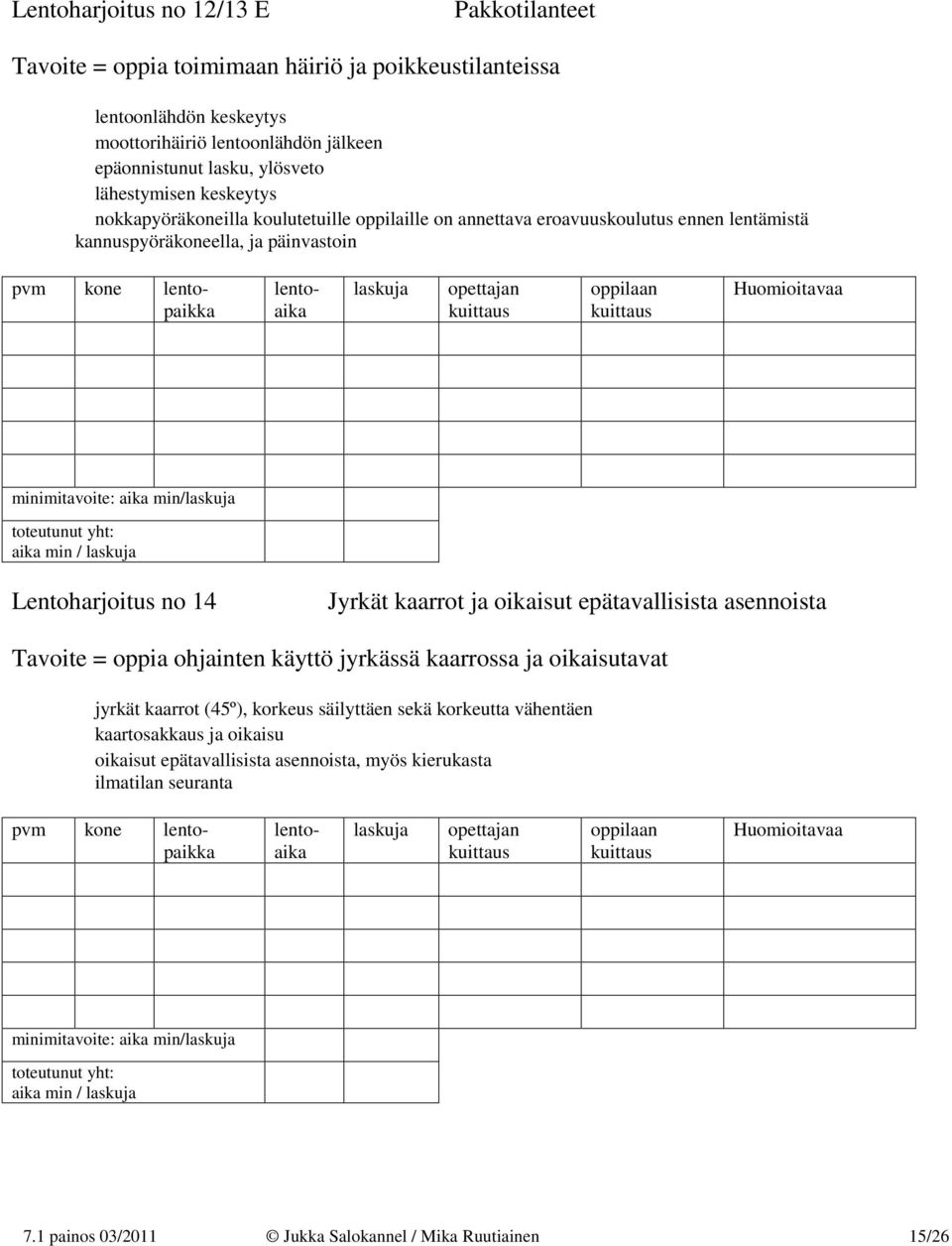 Lentoharjoitus no 14 Jyrkät kaarrot ja oikaisut epätavallisista asennoista Tavoite = oppia ohjainten käyttö jyrkässä kaarrossa ja oikaisutavat jyrkät kaarrot (45º), korkeus säilyttäen sekä
