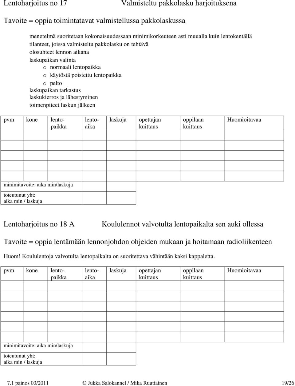 laskukierros ja lähestyminen toimenpiteet laskun jälkeen minimitavoite: aika min/ Lentoharjoitus no 18 A Koululennot valvotulta lentopaikalta sen auki ollessa Tavoite = oppia lentämään lennonjohdon