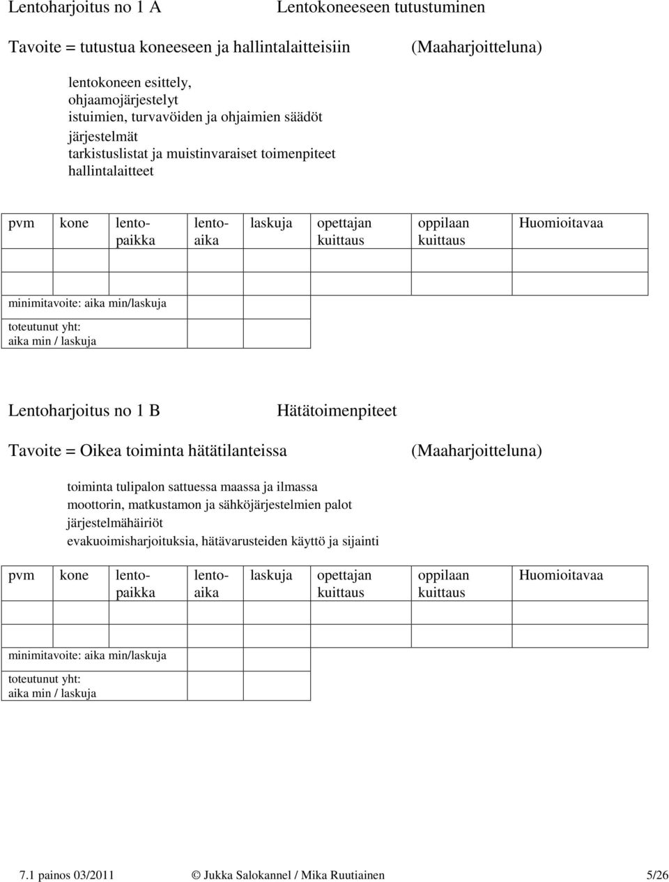 B Hätätoimenpiteet Tavoite = Oikea toiminta hätätilanteissa (Maaharjoitteluna) toiminta tulipalon sattuessa maassa ja ilmassa moottorin, matkustamon ja