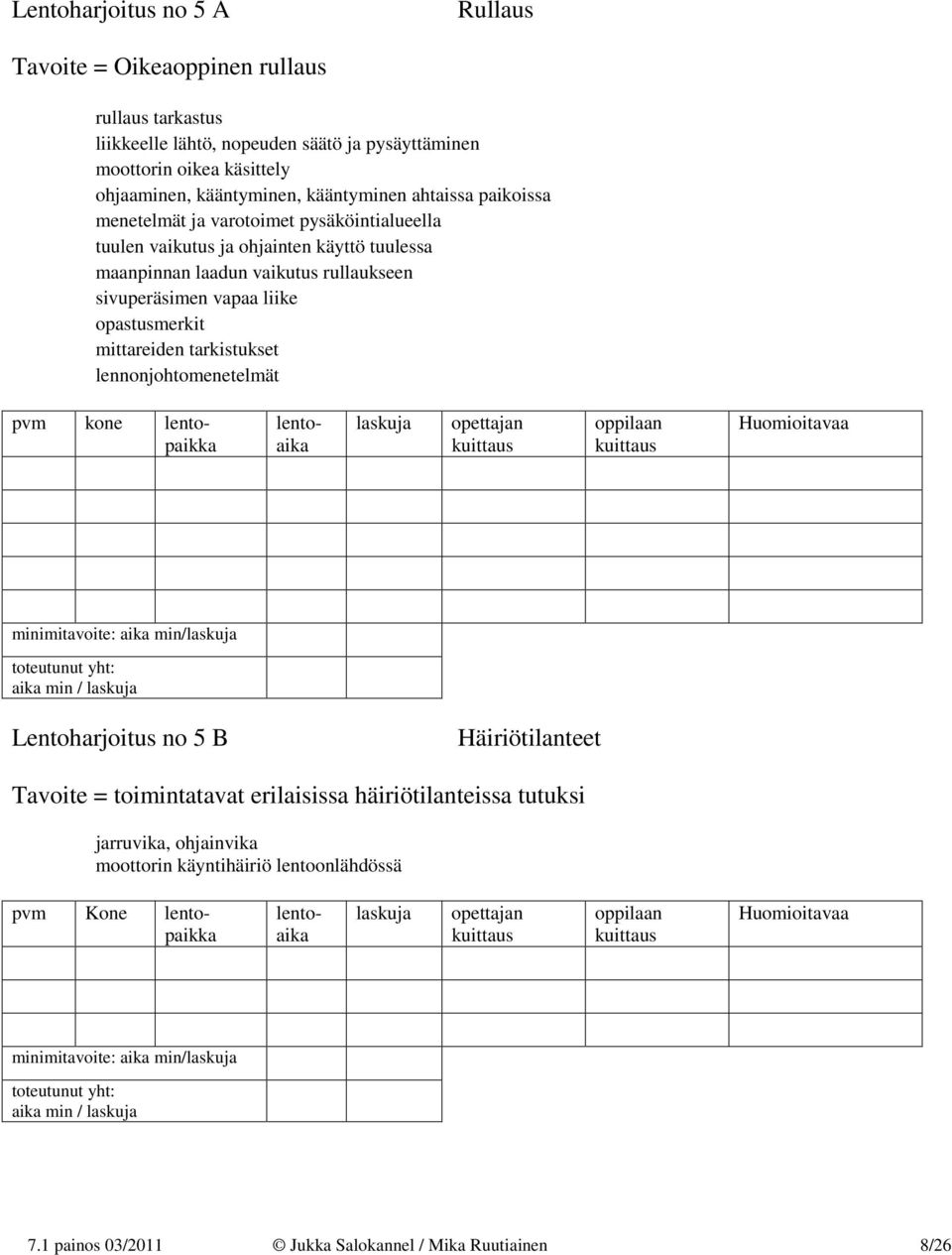 sivuperäsimen vapaa liike opastusmerkit mittareiden tarkistukset lennonjohtomenetelmät minimitavoite: aika min/ Lentoharjoitus no 5 B Häiriötilanteet Tavoite = toimintatavat