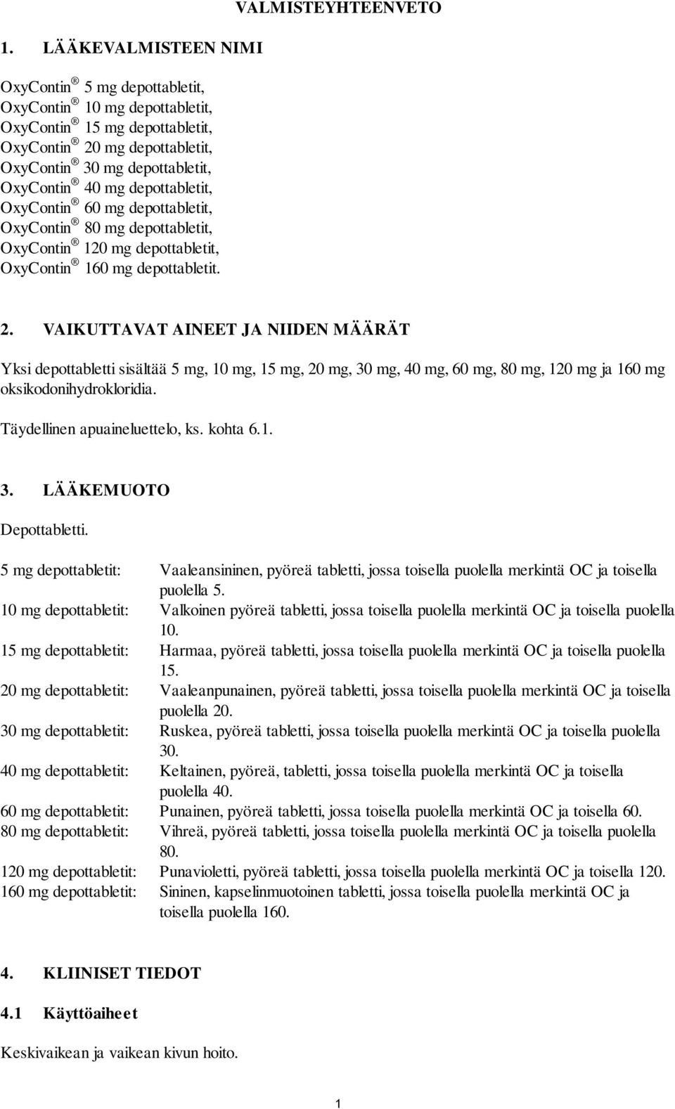 VAIKUTTAVAT AINEET JA NIIDEN MÄÄRÄT Yksi depottabletti sisältää 5 mg, 10 mg, 15 mg, 20 mg, 30 mg, 40 mg, 60 mg, 80 mg, 120 mg ja 160 mg oksikodonihydrokloridia. Täydellinen apuaineluettelo, ks.