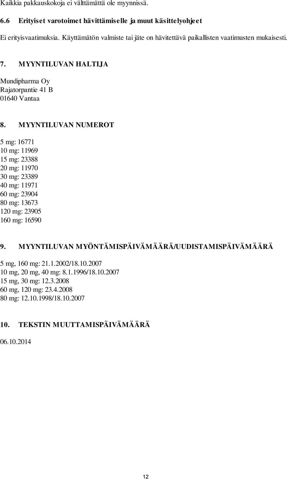 MYYNTILUVAN NUMEROT 5 mg: 16771 10 mg: 11969 15 mg: 23388 20 mg: 11970 30 mg: 23389 40 mg: 11971 60 mg: 23904 80 mg: 13673 120 mg: 23905 160 mg: 16590 9.