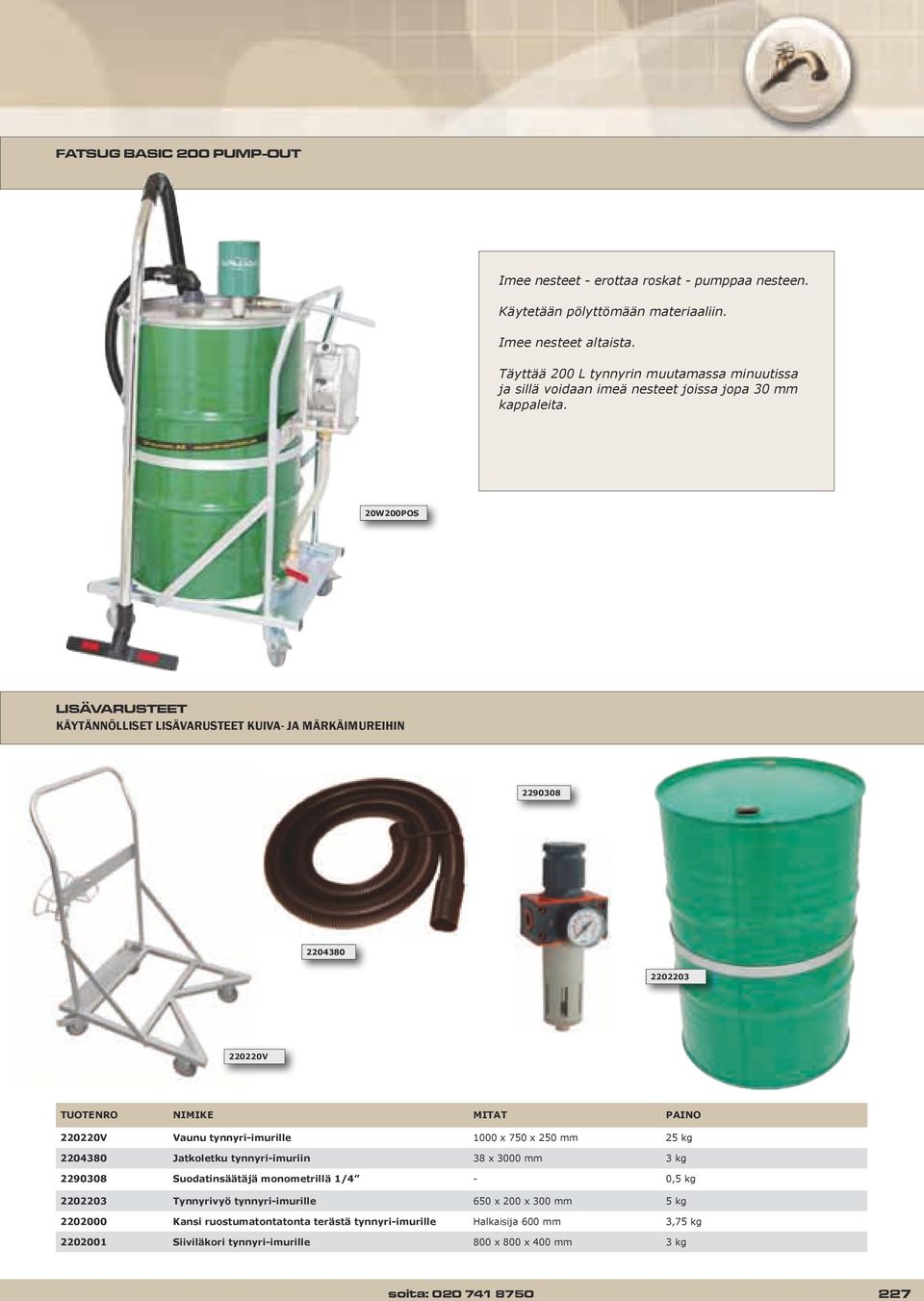 20W200POS LISÄVARUSTEET KÄYTÄNNÖLLISET LISÄVARUSTEET KUIVA- JA MÄRKÄIMUREIHIN 2290308 2204380 2202203 220220V TUOTENRO NIMIKE MITAT PAINO 220220V Vaunu tynnyri-imurille 1000 x 750 x 250 mm