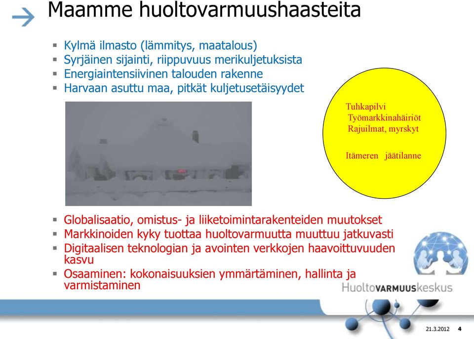 Itämeren jäätilanne Globalisaatio, omistus- ja liiketoimintarakenteiden muutokset Markkinoiden kyky tuottaa huoltovarmuutta muuttuu