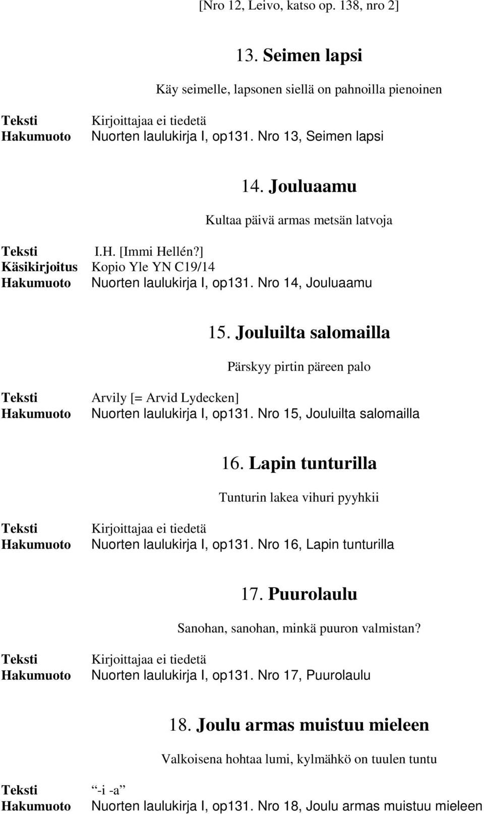 Jouluilta salomailla Pärskyy pirtin päreen palo Arvily [= Arvid Lydecken] Nuorten laulukirja I, op131. Nro 15, Jouluilta salomailla 16.