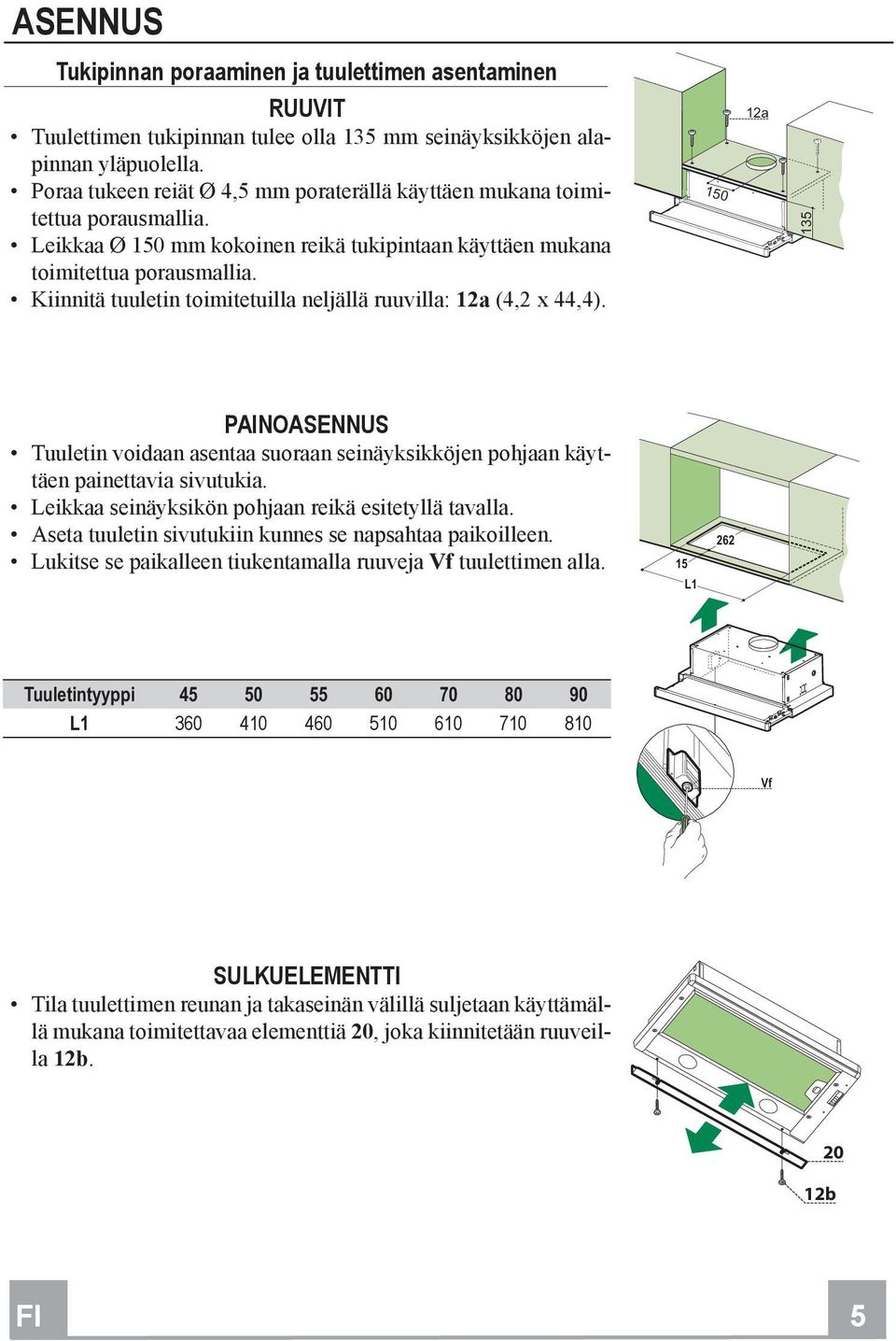 Kiinnitä tuuletin toimitetuilla neljällä ruuvilla: 12a (4,2 x 44,4). 150 12a 135 PAINOASENNUS Tuuletin voidaan asentaa suoraan seinäyksikköjen pohjaan käyttäen painettavia sivutukia.