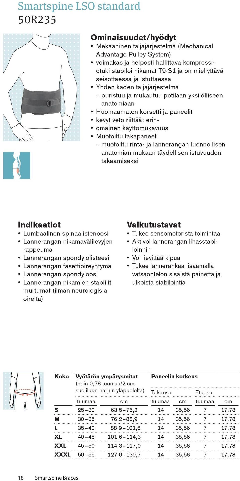 käyttömukavuus Muotoiltu takapaneeli muotoiltu rinta- ja lannerangan luonnollisen anatomian mukaan täydellisen istuvuuden takaamiseksi Indikaatiot Lumbaalinen spinaalistenoosi Lannerangan