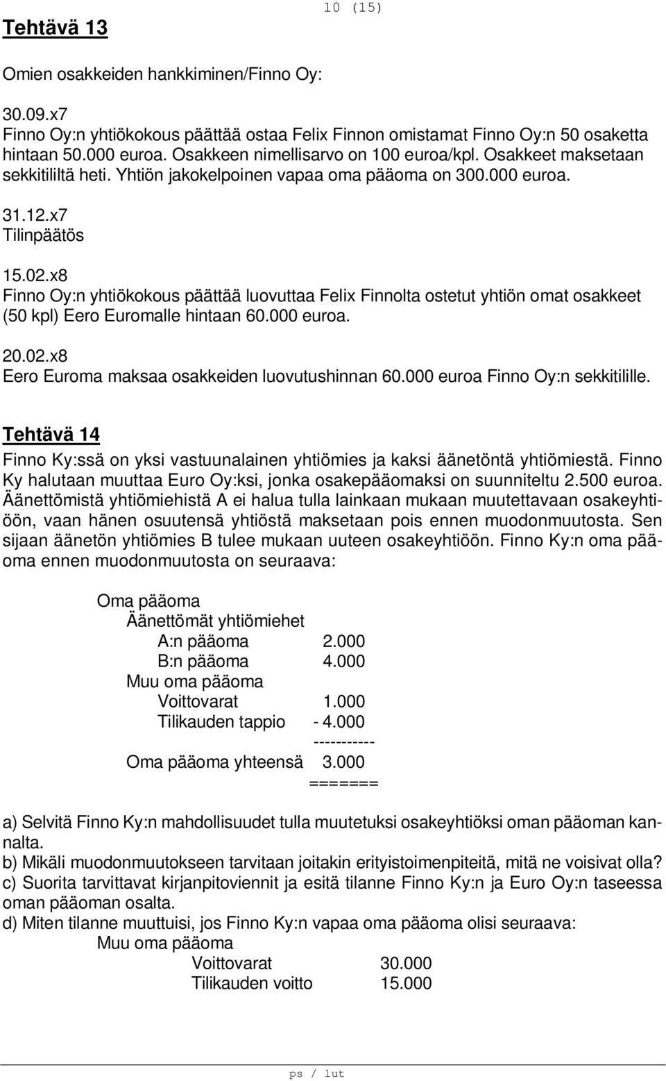 x8 Finno Oy:n yhtiökokous päättää luovuttaa Felix Finnolta ostetut yhtiön omat osakkeet (50 kpl) Eero Euromalle hintaan 60.000 euroa. 20.02.x8 Eero Euroma maksaa osakkeiden luovutushinnan 60.