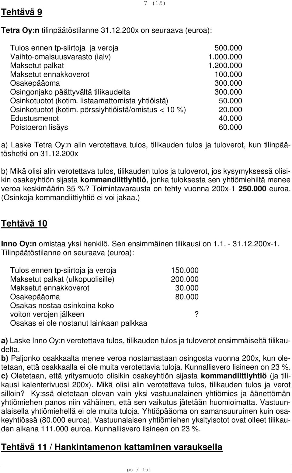 000 Edustusmenot 40.000 Poistoeron lisäys 60.000 a) Laske Tetra Oy:n alin verotettava tulos, tilikauden tulos ja tuloverot, kun tilinpäätöshetki on 31.12.