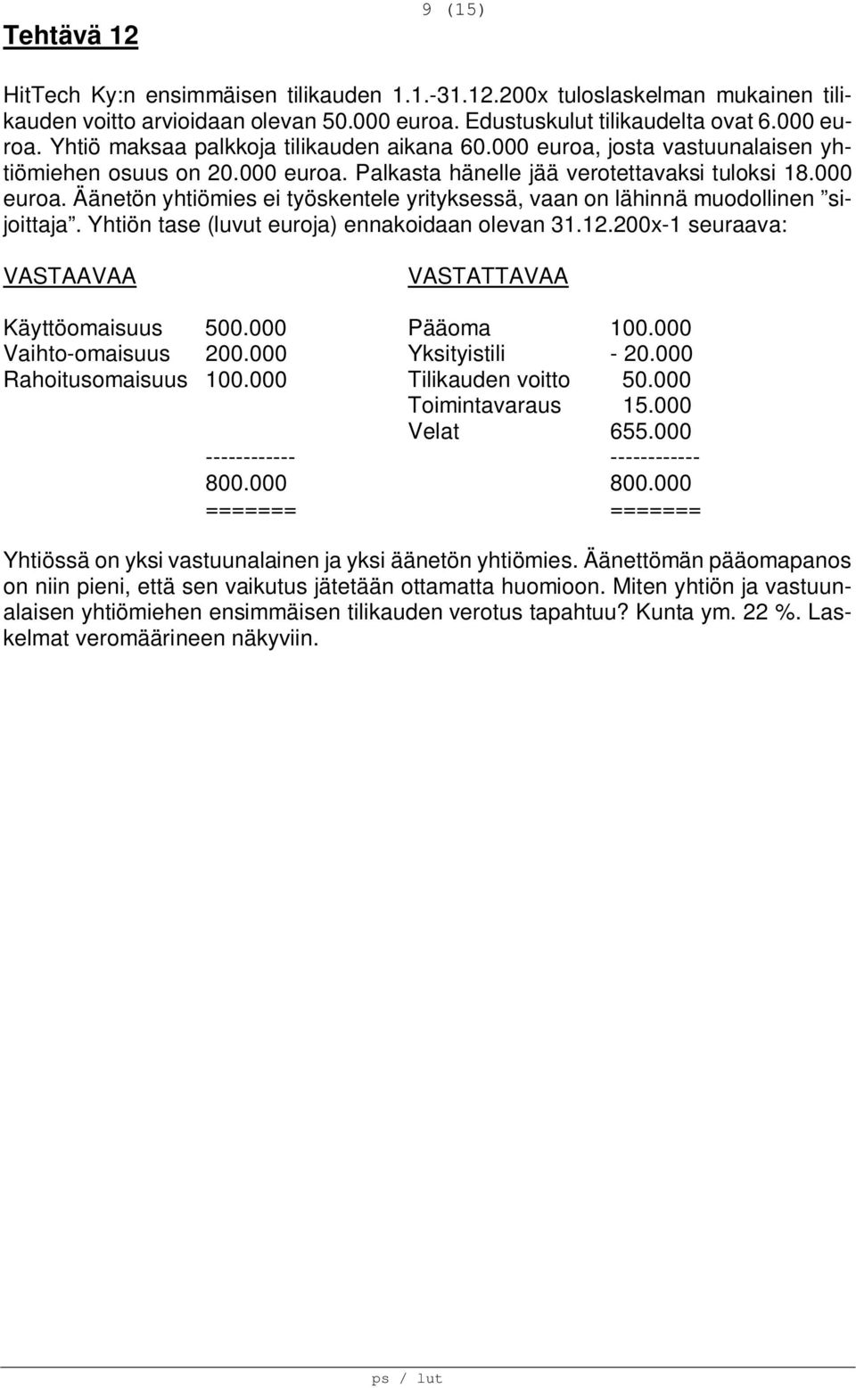 Yhtiön tase (luvut euroja) ennakoidaan olevan 31.12.200x-1 seuraava: VASTAAVAA VASTATTAVAA Käyttöomaisuus 500.000 Pääoma 100.000 Vaihto-omaisuus 200.000 Yksityistili - 20.000 Rahoitusomaisuus 100.