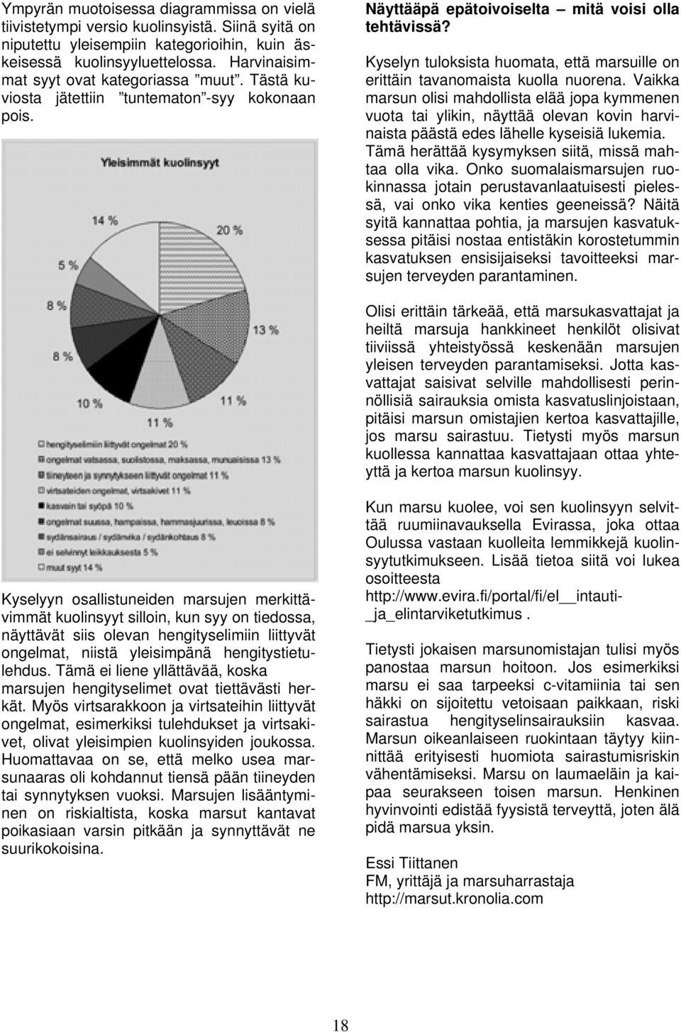 Kyselyn tuloksista huomata, että marsuille on erittäin tavanomaista kuolla nuorena.